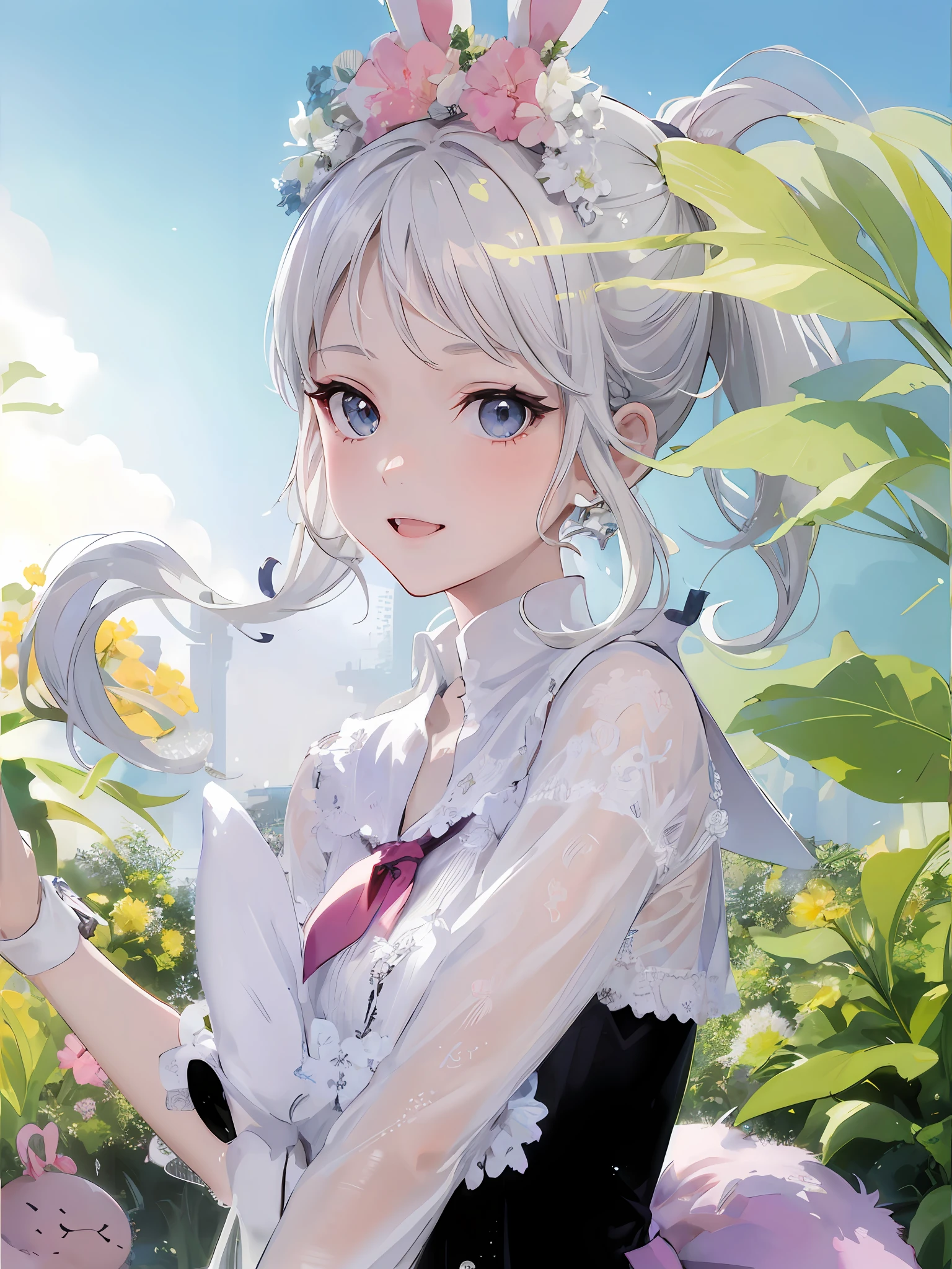 animemanga girl，white color hair，a horsetail，In the grass，A sunny，Light