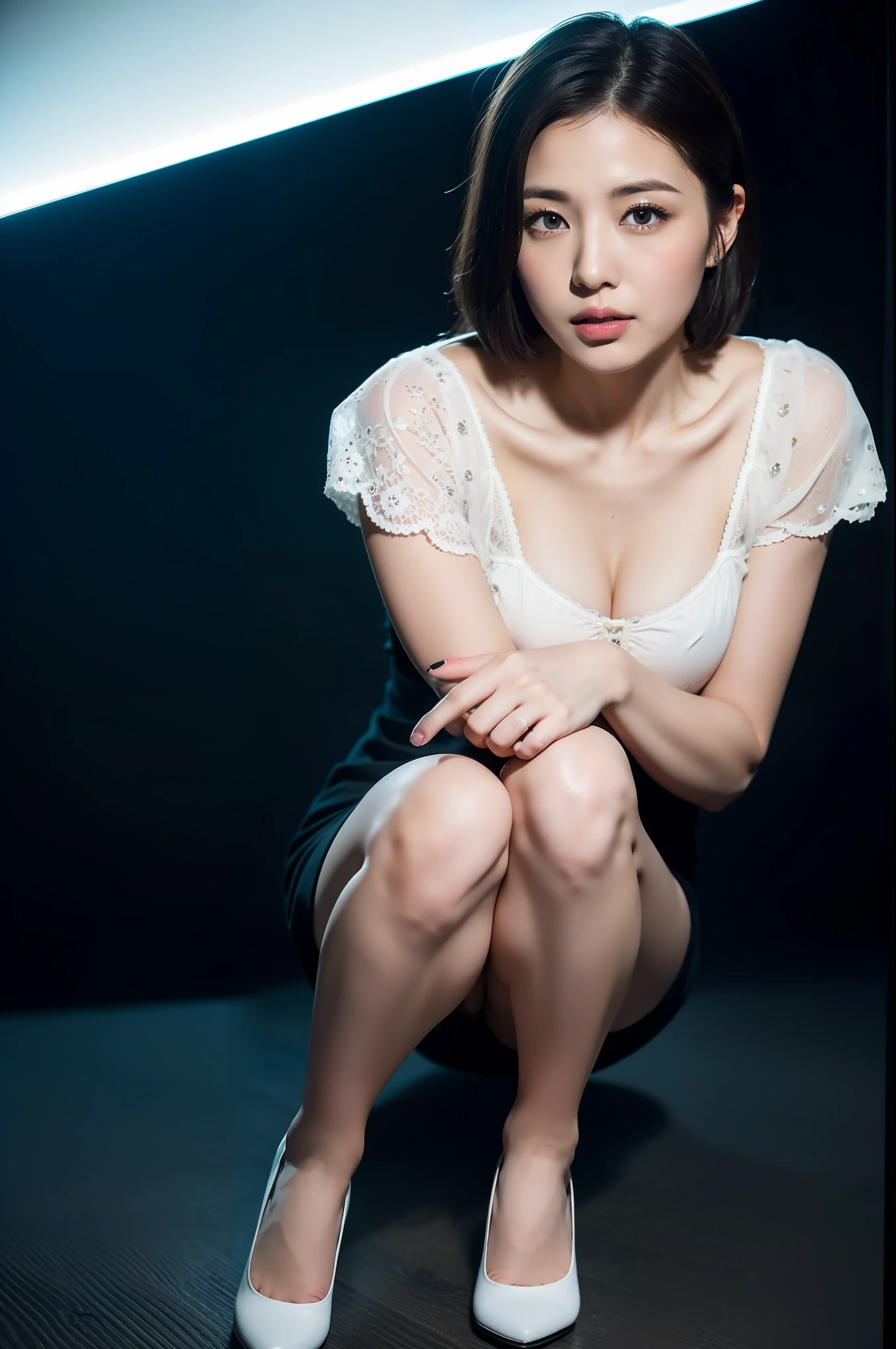 Top image quality、Beautiful Japan woman in her 30s、Excellent style、Stand with your legs open、JINS、thighs thighs thighs thighs、Shiseido、Professional Lighting、Professional Photographer、Focus on the eyes、In a dark black room