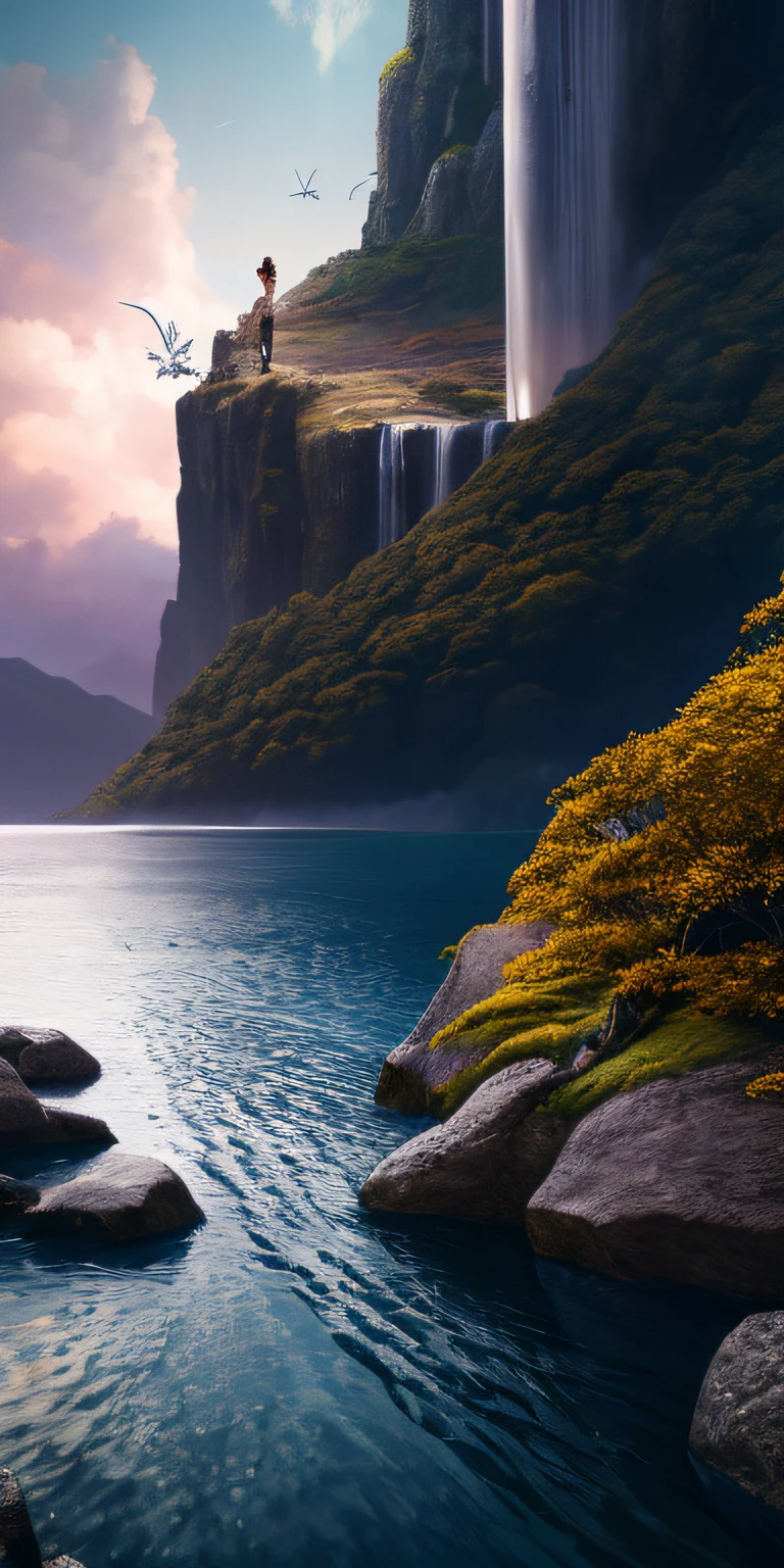 Masterpiece, best quality, high quality, extremely detailed CG unity 8k wallpaper, landscape, outdoor, sky, clouds, sky, no humans, mountain, landscape, water, tree, blue sky, waterfall, cliff, nature, lake, river , cloudy skies, award winning photography, bokeh, depth of field, HDR, bloom, chromatic aberration, photorealism, very detailed, trending on artstation, trending on CGsociety, intricate, high detail, dramatic, half way art