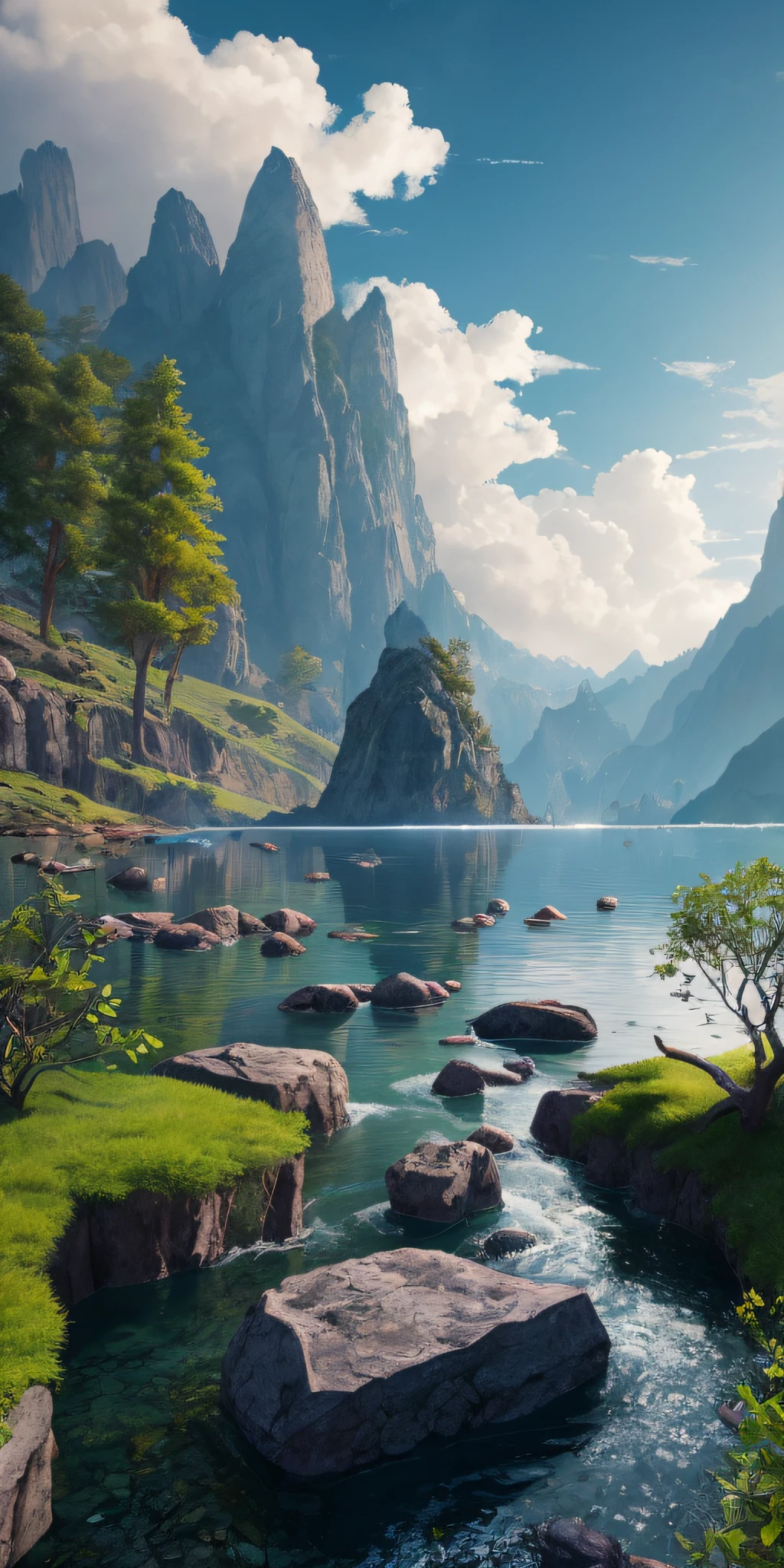 Masterpiece, best quality, high quality, extremely detailed CG unity 8k wallpaper, landscape, outdoor, sky, clouds, sky, no humans, mountain, landscape, water, tree, blue sky, waterfall, cliff, nature, lake, river , cloudy skies, award winning photography, bokeh, depth of field, HDR, bloom, chromatic aberration, photorealism, very detailed, trending on artstation, trending on CGsociety, intricate, high detail, dramatic, half way art