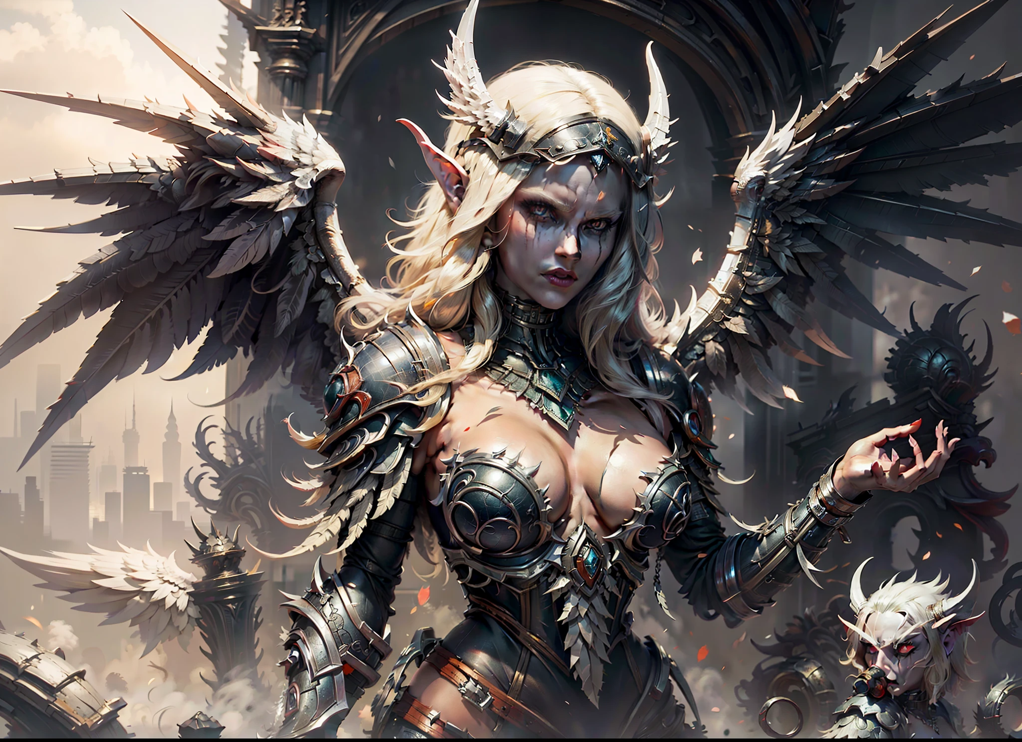 (Meisterwerk:1.2),(best quality:1.1),(hoch detaillierte Details:1.2),demonic angel with large black and white wings, white and red armor, gorgeous face, sitzend auf einem Thron, hinter ihm die Skyline