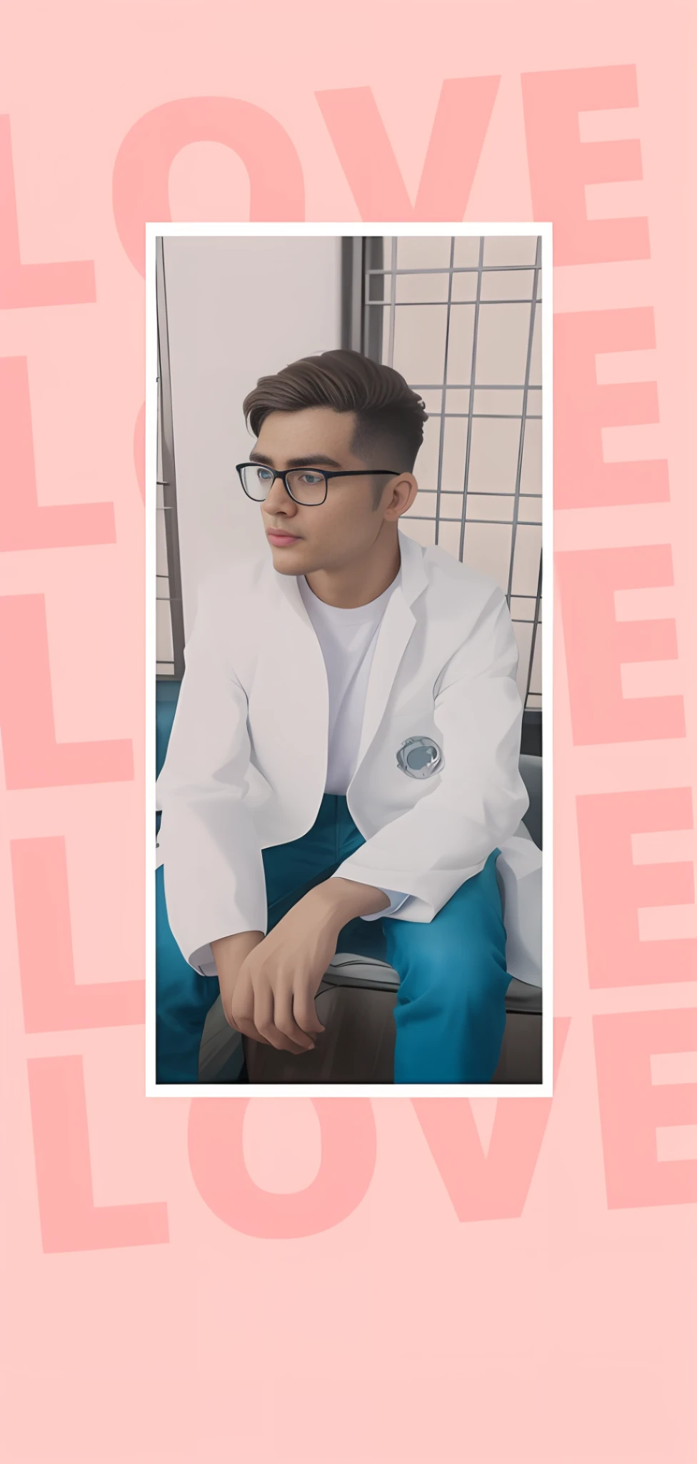 A man with glasses, Textured garments, poised poise, dramatic angles, geometric shapes, contrasts of light and shadow, slick futurism, avant-garde styling, high-tech backdrop, crisp lines, ultra-high resolution, neon background. 3d character. Restore the face. Increase the qulatity of photo. Realistic 3d potrait of this man. Beautiful captivating eyes. And somehow attractive lips. Realistic look