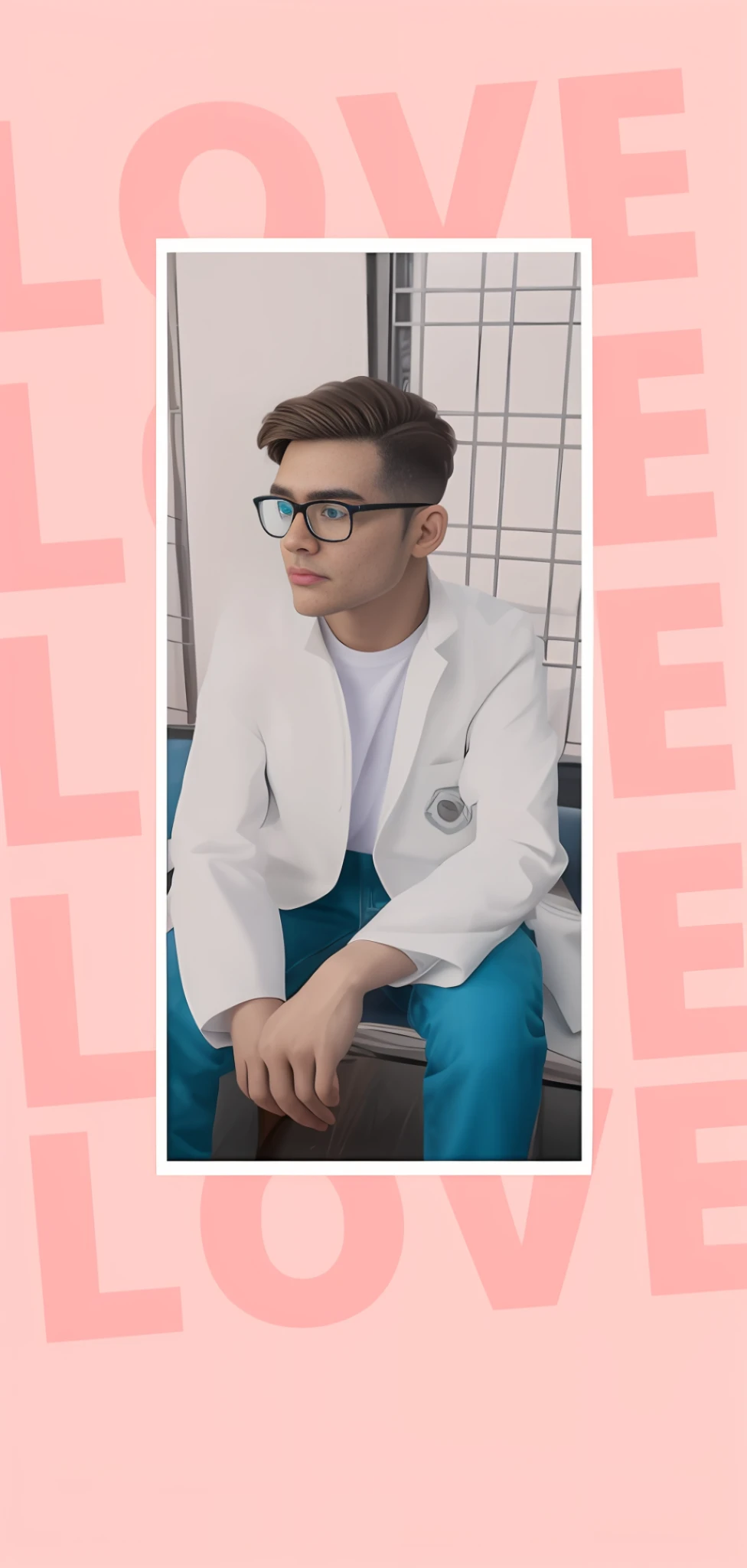 A man with glasses, Textured garments, poised poise, dramatic angles, geometric shapes, contrasts of light and shadow, slick futurism, avant-garde styling, high-tech backdrop, crisp lines, ultra-high resolution, neon background. 3d character. Restore the face. Increase the qulatity of photo. Realistic 3d potrait of this man.  Beautiful captivating eyes. And somehow attractive lips. Realistic look