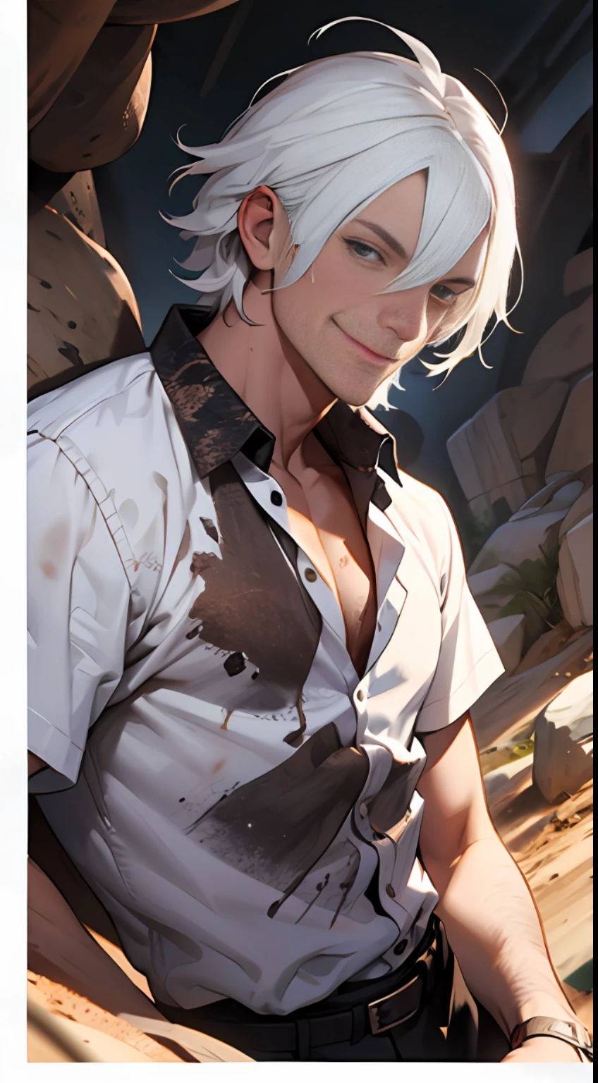 A tall man,White hair and white shirt,Climb out of a deep pit,Covered in dirt,With an awkward wry smile on his face。, 8K, Super detail, ccurate, Best quality, 巨作