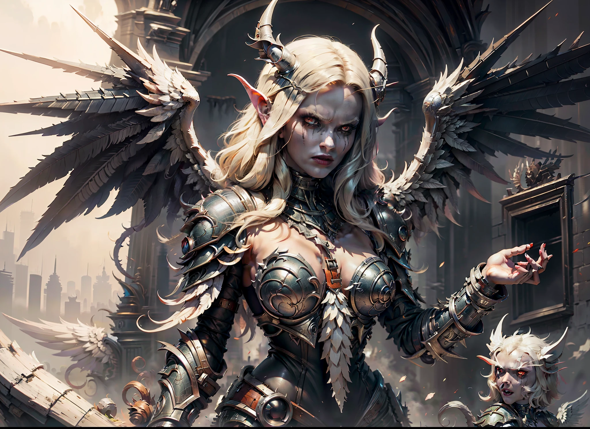 (Meisterwerk:1.2),(best quality:1.1),(hoch detaillierte Details:1.2),demonic angel with large black and white wings, white and red armor, gorgeous face, sitzend auf einem Thron, hinter ihm die Skyline