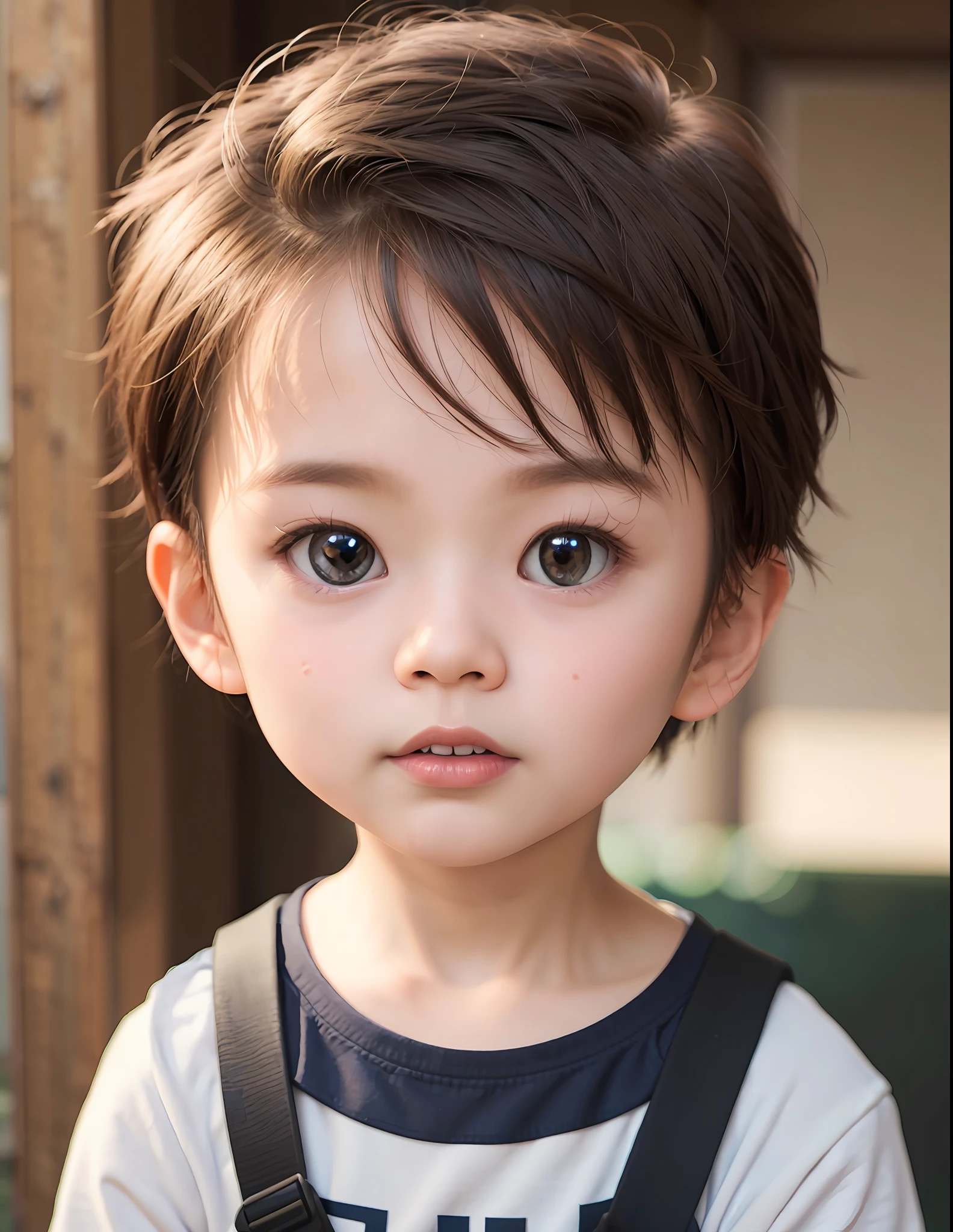 there is a young boy with a backpack looking at the camera, cute digital painting, Soft portrait shot 8 K, short brown hair and large eyes, 8k portrait render, Kawaii realistic portrait, portrait cute-fine-face, accurate ultra realistic faces, detailed face of a asian boy, boy with neutral face, Young and cute face, yanjun cheng, Cute boy