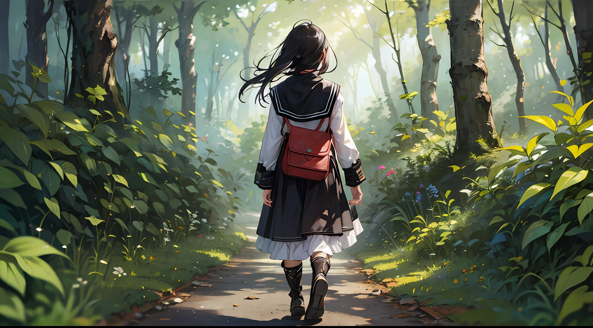 Black hair girl walkin in the forest alone --auto --s2