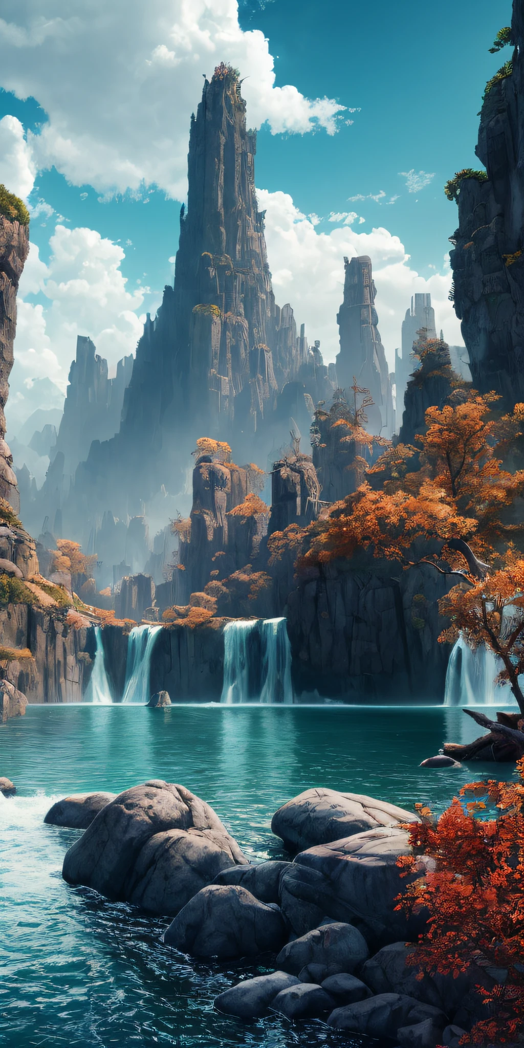 Masterpiece, best quality, high quality, extremely detailed CG unity 8k wallpaper, landscape, outdoor, sky, clouds, sky, no humans, mountain, landscape, water, tree, blue sky, waterfall, cliff, nature, lake, river , cloudy skies, award winning photography, bokeh, depth of field, HDR, bloom, chromatic aberration, photorealism, very detailed, trending on artstation, trending on CGsociety, intricate, high detail, dramatic, half way art