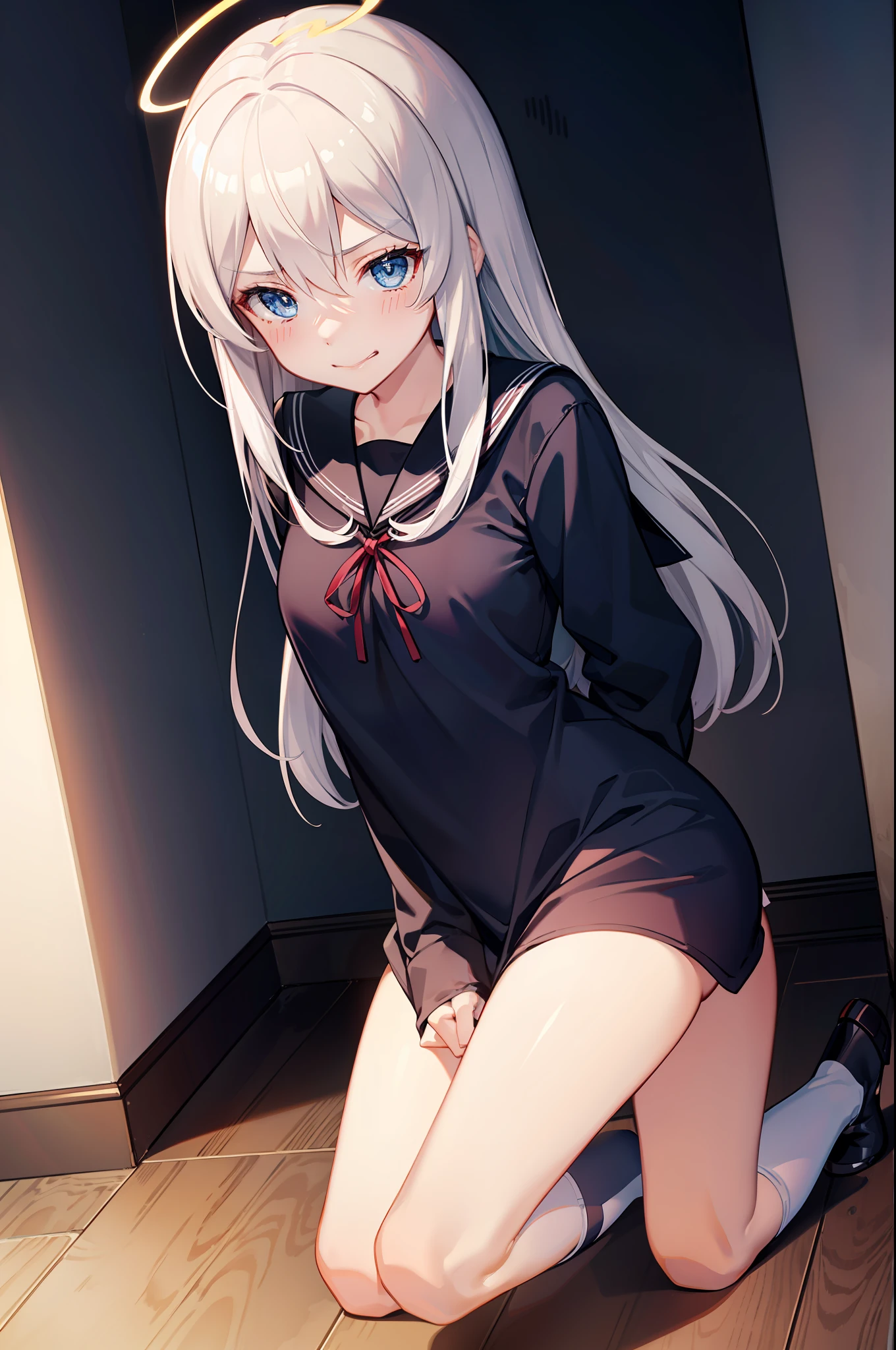巨作, Best quality, 巨作,Best quality,offcial art,Extremely detailed CG Unity 8k wallpaper, crepuscular, strong rimlight, intense shadow, Game_CG, girl, hair between eyes, Blue eyes, Small breasts, tsurime, Long hair, White hair, Putting up with_face, Kneeling, Naughty_face, serafuku,body complet,,metal halo,a glowing halo,