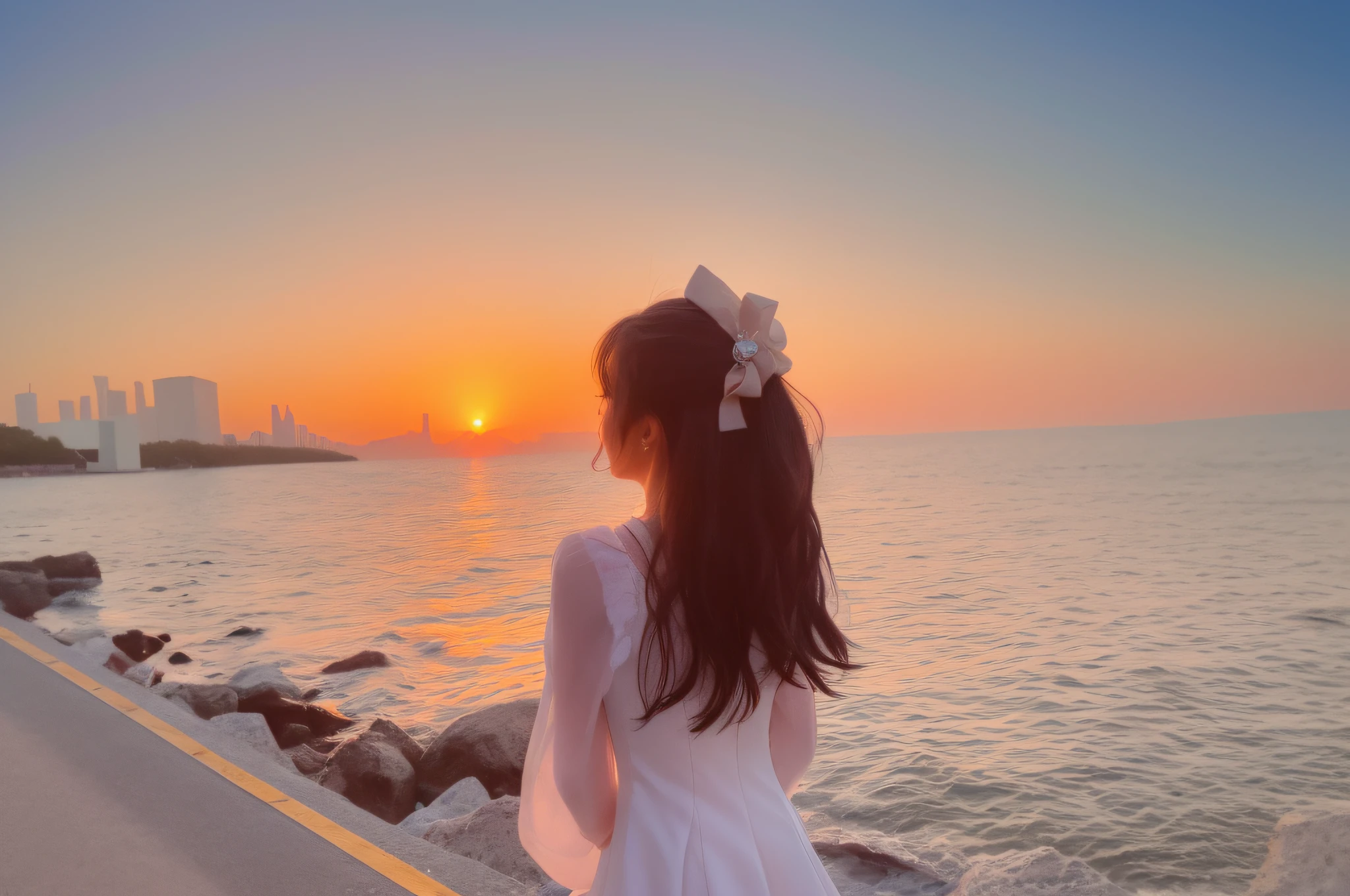 A girl standing by the sea watching the sunset，Wear a bow hair ornament，Wearing a white fairy dress，Stoned，Lower fairy，lovly，Long hair