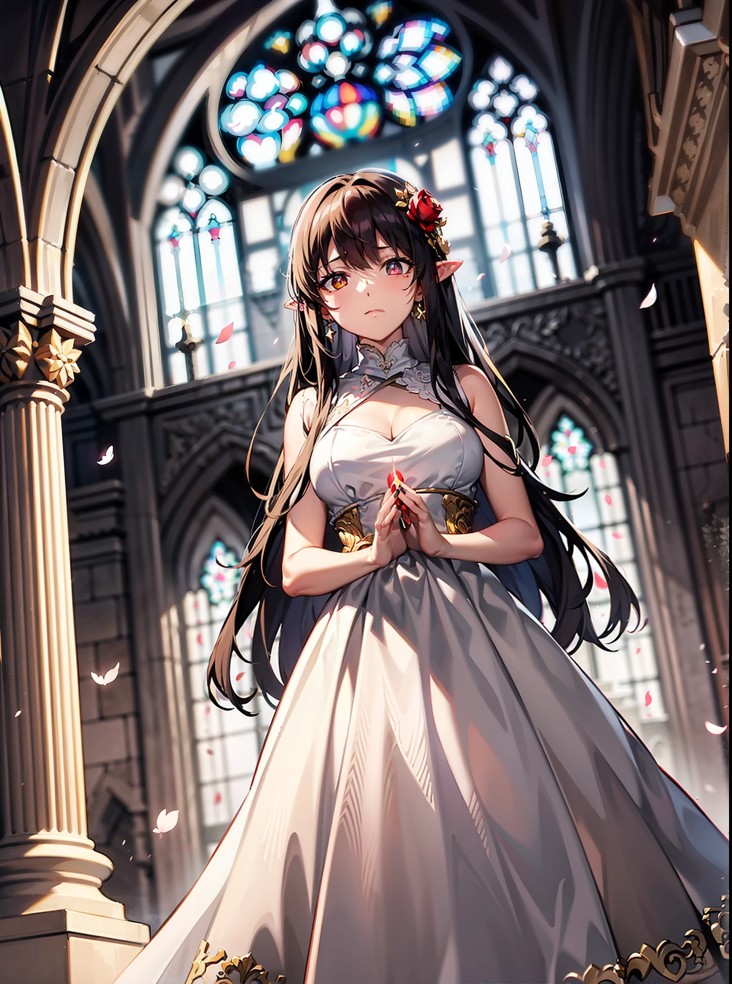 A young girl stands on the ground,(Dark purple dress long dress,(Medieval lavish dress,Prom Dresses、Fluffy dress dress、pleatedskirt、Lace lace),Silver or dark gold lace,bound waist),(Bright interior of the church、Pure white church、Pure white walls,Holy sense of picture),(At the bottom of the screen, Ivory white ground,Reflection of the ground reflection,Carved stone slabs,Classical carved stone pillars,blurryforeground,Falling crimson petals and glowing red butterflies),(Reduced saturation,warmtones,Silvery-white tones,Bright ivory white church background,There is a hierarchical background,White and gold palace,Light background,Glorious background,Huge golden chandelier、Candle chandeliers,Huge stained glass windows in the church,Ivory white stone pillars,Exquisite ornaments),Rendering effects,depth of field,((cabelos preto e longos),Striped hair, Red infracing, Long sideburns, crossed bangs, Hairline, Dark red flower hair ornament, Diamond-shaped pupils, Colored pupil color,Moles under eyes, Red crystal earrings, Pointy ears, ((blood in face、There is blood on the side of the mouth,wounds,Broken clothes,There is blood on the body))), High detail, Chiaroscuro, Ray tracing,tachi-e, Super detail, ((The light from the back window is backlighted,Center composition,The picture has a flake of rainbow-colored light,Divine sense of picture,Tyndall Light,Design images with a wide-angle lens effect,Hands across your waist、The left hand is wrapped around the waist,Empty eyes, Dilated pupils, half-closed eye, flower shaped pupils, Closed mouth, pain, Expressionless, turn pale,Full body photo,ultra-wide-angle,Face Shadow)),巨作, 4K,