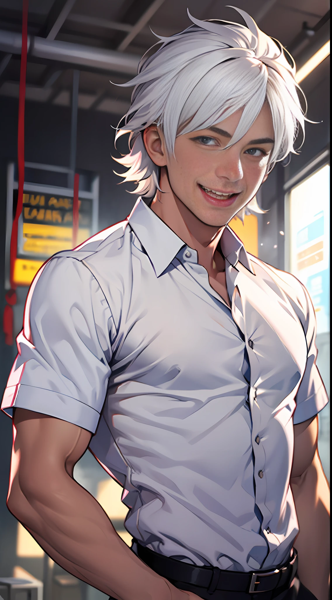 A young man,White hair and white shirt,Excitedly patting the dust on his body,With a big smile on his face。, 8k, super detail, ccurate, best quality