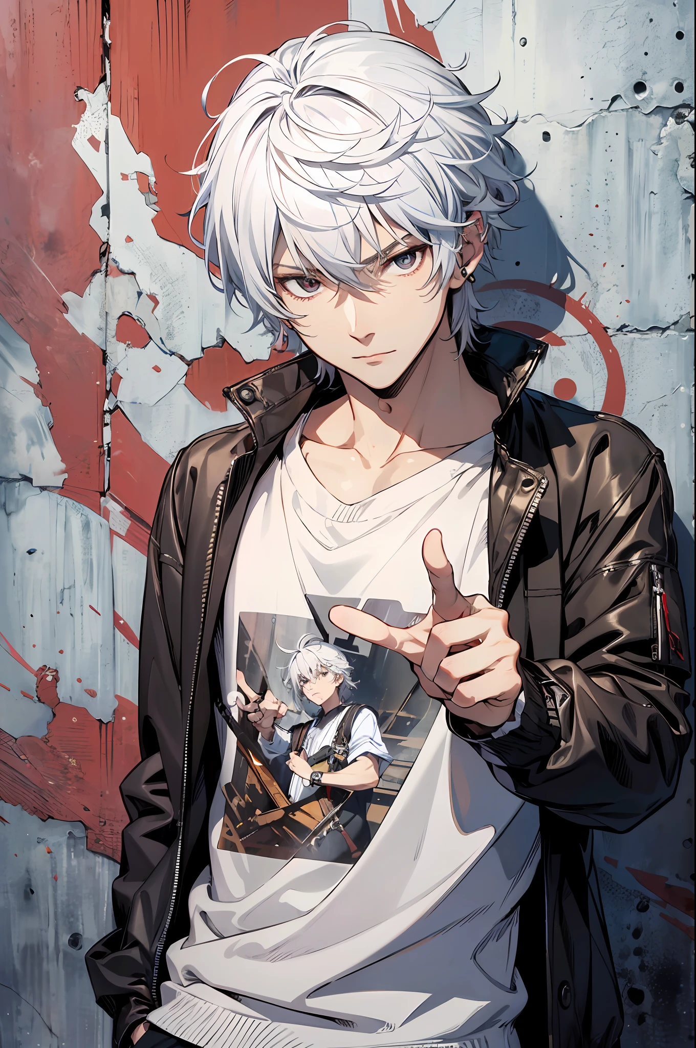 Takeshi Obata art style(absurdres, highres, ultra detailed, HDR), masterpiece, best quality, a boy, solo, handsome, short hair, white hair, finely eye and detailed face, casual clothes, real shadow, lift hand in peace sign, joyful, ear piecing,