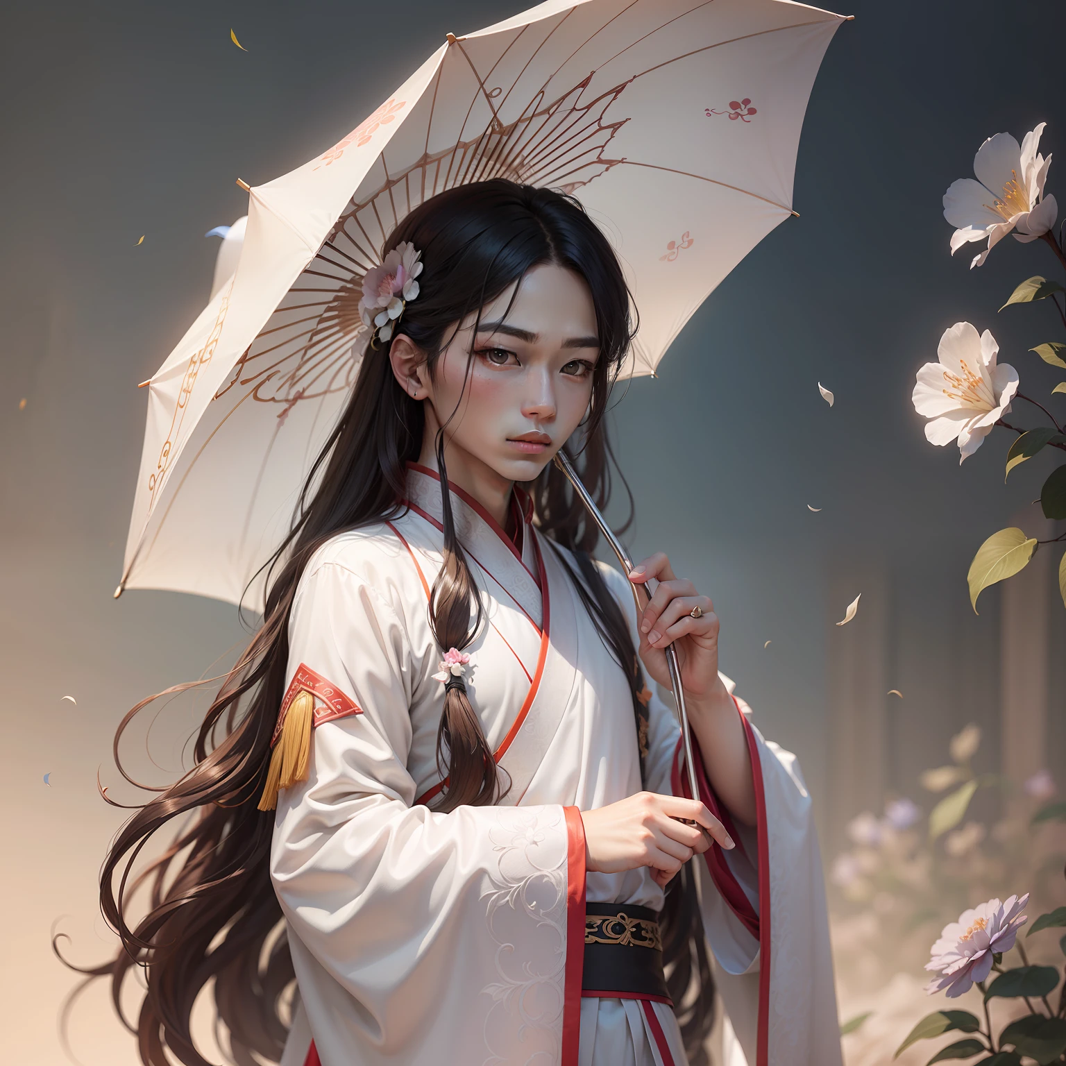 There was a man with long hair holding an umbrella, Youth, Inspired by fairy fantasy, ,Wuxia, White Hanfu, beautiful androgynous prince, Delicate androgynous prince, Inspired by Xiao Zhan