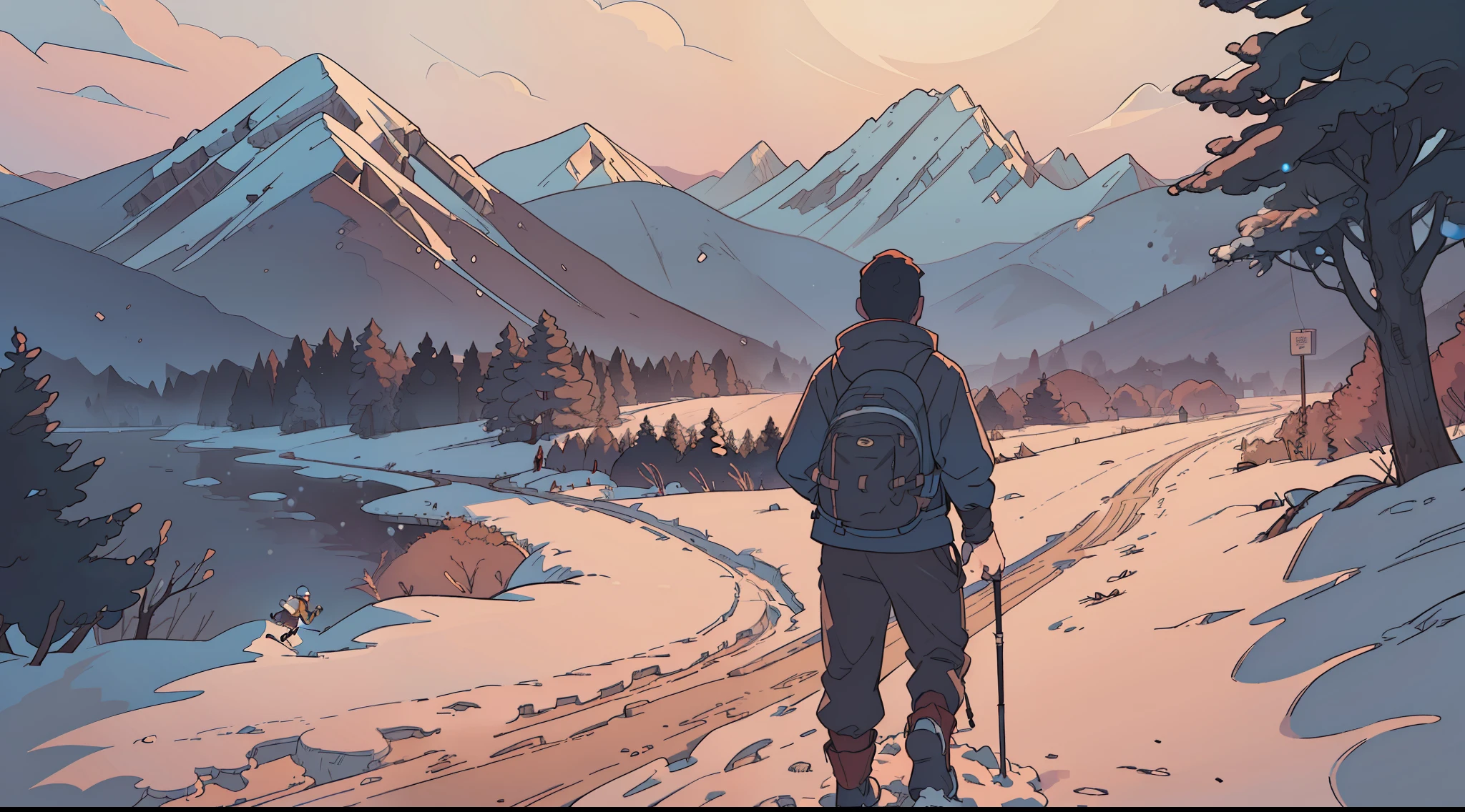 (man trekking in the snow+mountains:1.2), (intricately detailed+hyper-detailed) skin texture, fine details, (raytracing+bokeh+difused soft lighting), (long shot+dynamic pose), (wide angle shot+wide aperture), (detailed environment+atmosphere+depth of field)