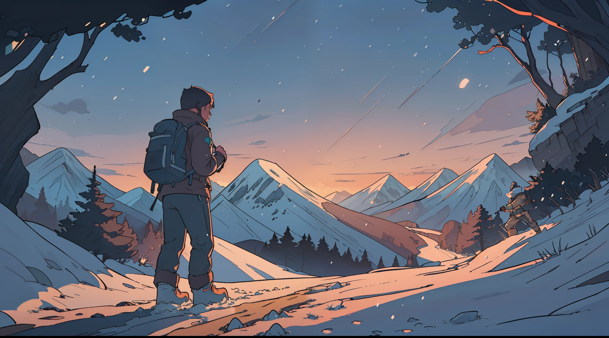 (man trekking in the snow+mountains:1.2), (intricately detailed+hyper-detailed) skin texture, fine details, (raytracing+bokeh+difused soft lighting), (long shot+dynamic pose), (wide angle shot+wide aperture), (detailed environment+atmosphere+depth of field)