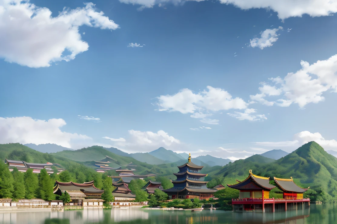 Mountains and lakes，There is a pagoda in the middle, pagoda, dreamy Chinese towns, pagodas on hills, Ancient Chinese architecture, ancient city landscape, wallpaper - 1 0 2 4, Chinese village, Detailed scenery —width 672, Chinese landscape, Beautiful rendering of the Tang Dynasty, japanese town, Zen temple background, Realistic landscape wallpaper，blue-sky