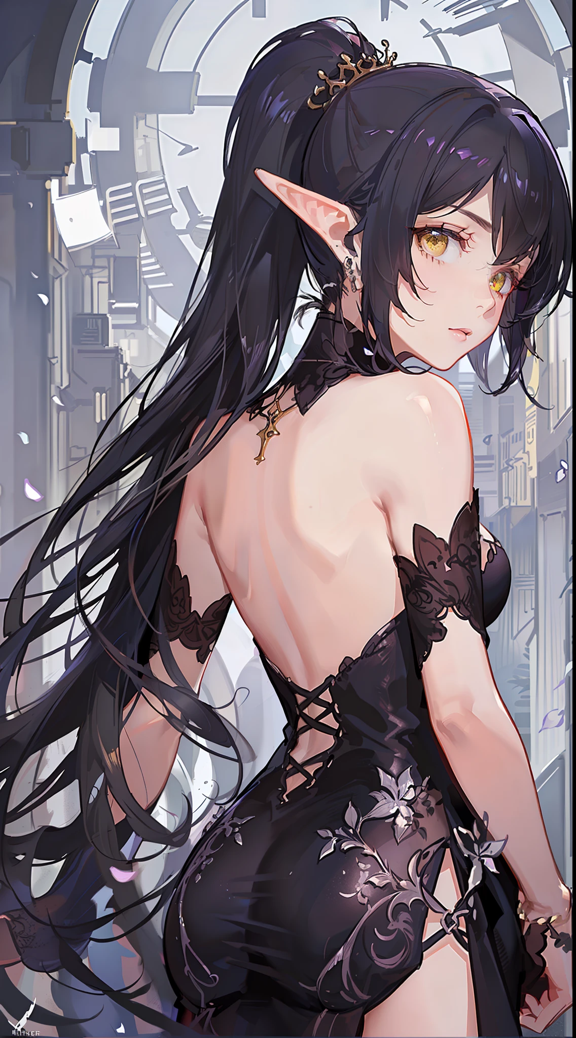 Young black girl, long curly purple hair, elf ears, low ponytail, nice, Yellow eyes, open purple drees, open shoulders, open back, standing back, look around, Masterpiece, high qulity