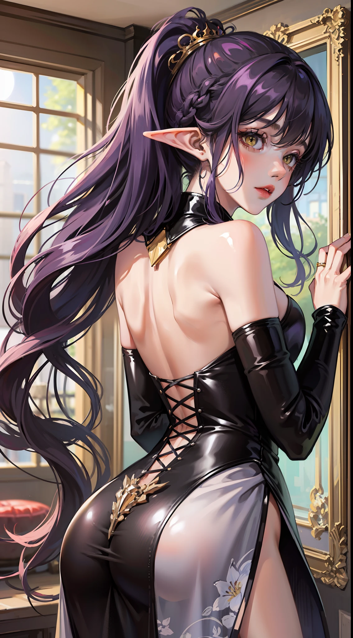 Young black girl, long curly purple hair, elf ears, low ponytail, nice, Yellow eyes, open purple drees, open shoulders, open back, standing back, look around, Masterpiece, high qulity