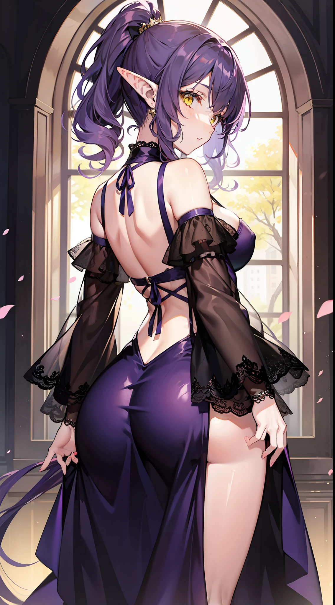 Young black girl, long curly purple hair, elf ears, low ponytail, nice, Yellow eyes, open purple drees, open shoulders, open back, standing back, look around, Masterpiece, high qulity