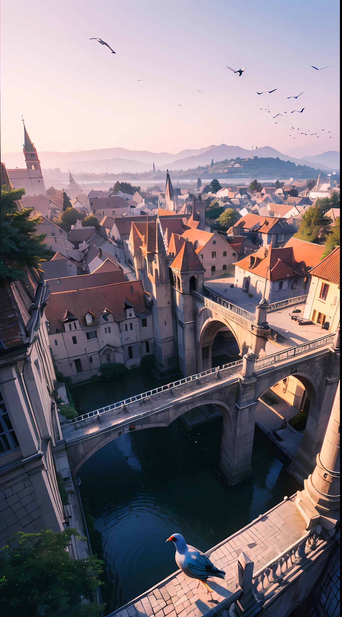 (view from very heigh, bird view, twilight:1.5), stunning scape, (masterpiece, best quality, no humans, medieval, perspective:1.2), 8k, raw photo, absurdres, (architectural streets, bridges, big river, woods, mountain range:1.2), european architecture, church, gradient purple sky, light leaks, depth of field, photorealistic, film grain, chromatic aberration, highres, ultra detailed, finely detail, dynamic lighting, dramatic lighting, sharp focus