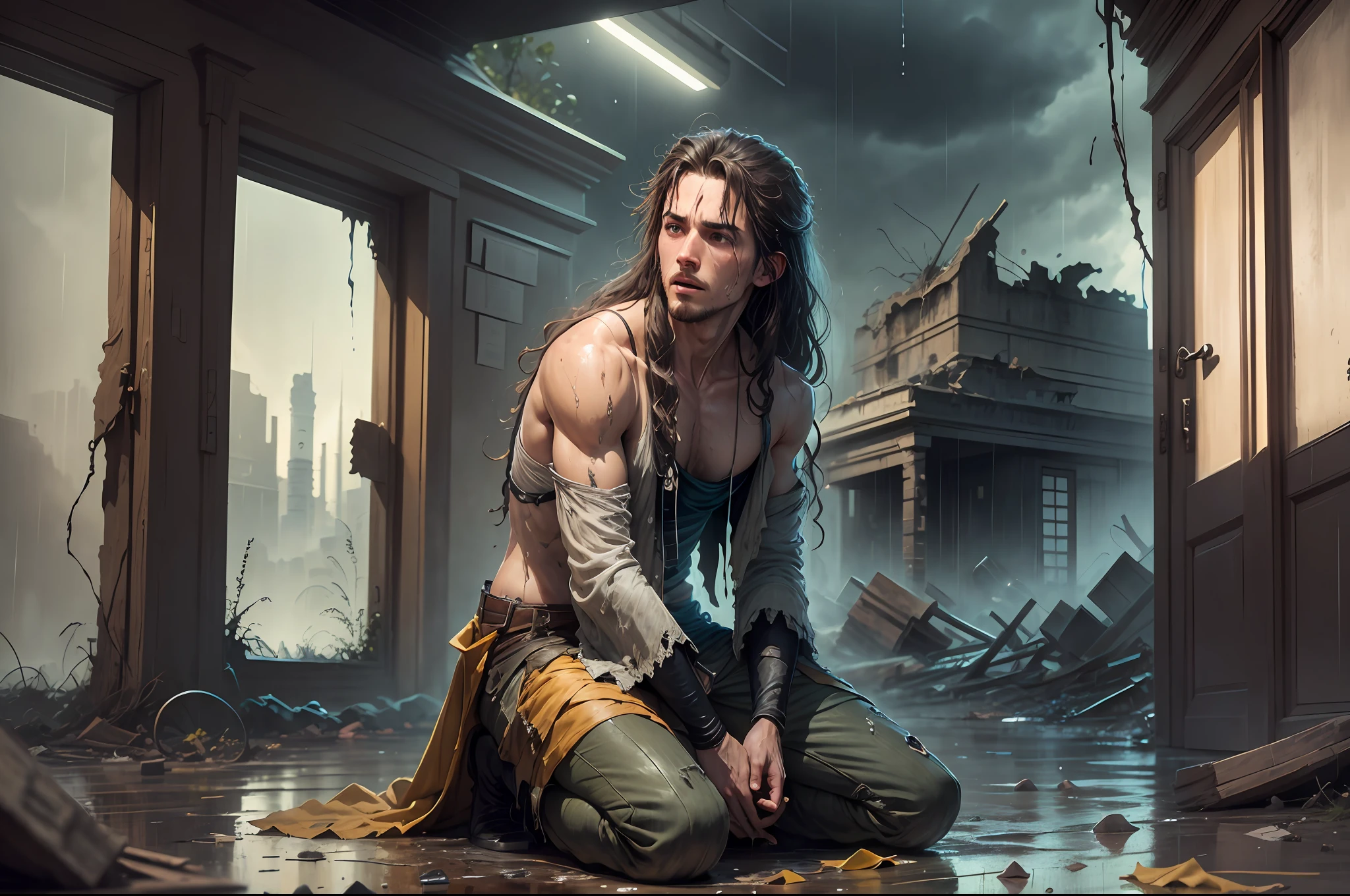 Handsome Long Haired Young Man, looking at the ruins of a house, Dim, Darkness, Rain, Lightning, Despair, Tears, Teardrops, Torn Clothes, Wet Clothes. Kneeling on the Ground, Biting Lower Lip, Bare Shoulders, Real Rain, Wet Hair. Ruins and construction debris as background. Realistic Ray traicing. --auto --s2