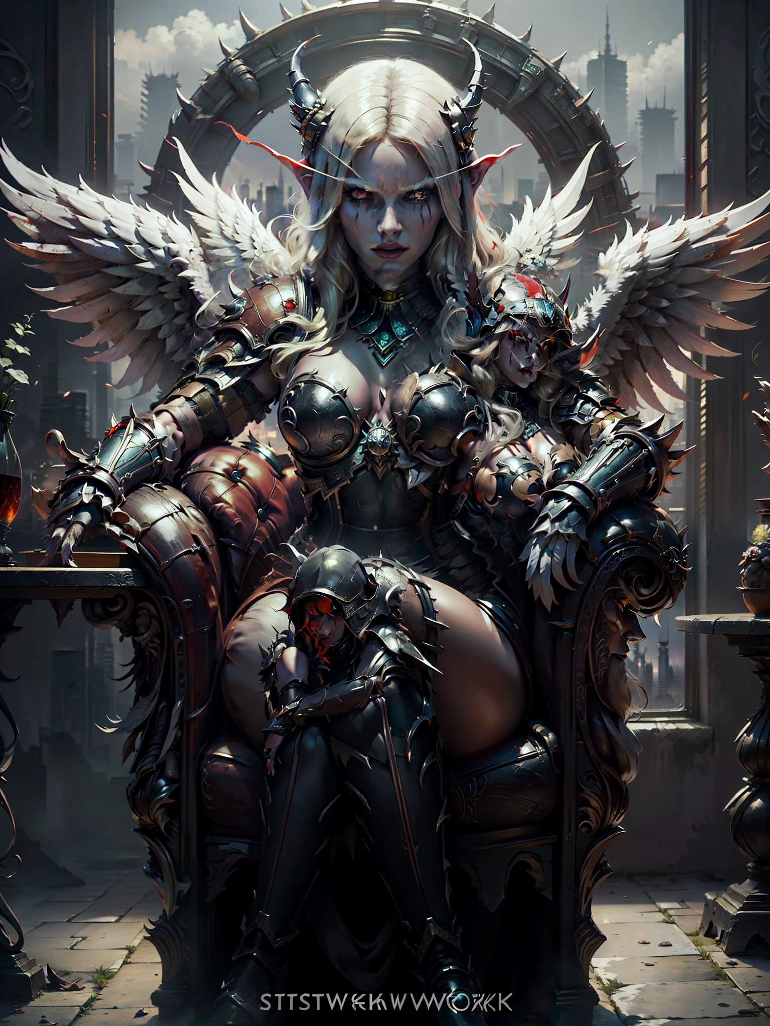 (Meisterwerk:1.2),(best quality:1.1),(hoch detaillierte Details:1.2),demonic angel with large black and white wings, white and red armor, gorgeous face, sitzend auf einem Thron, hinter ihm die Skyline einer japanischen Stadt.