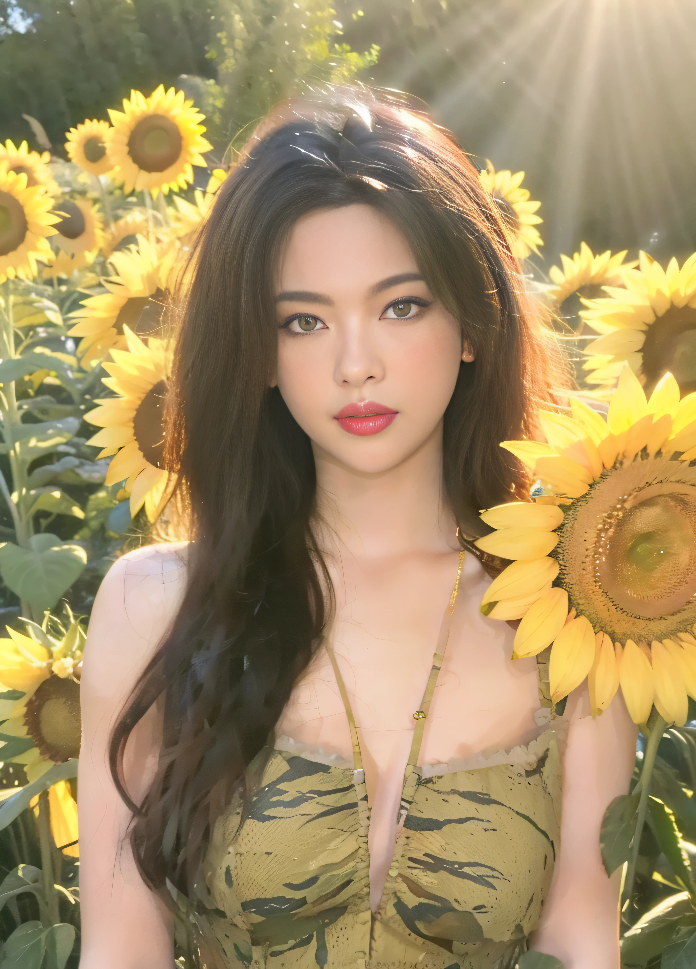 a close up of a woman in a green dress holding a sunflower, hot with shining sun, inspired by Xie Sun, Inspired by Huang Ji, sunflowers in the background, gorgeous chinese models, blackpink jennie, tzuyu from twice, xintong chen, gongbi, inspired by Wu Bin, Album art, Beautiful sunflower girl, Lu Ji, xision wu