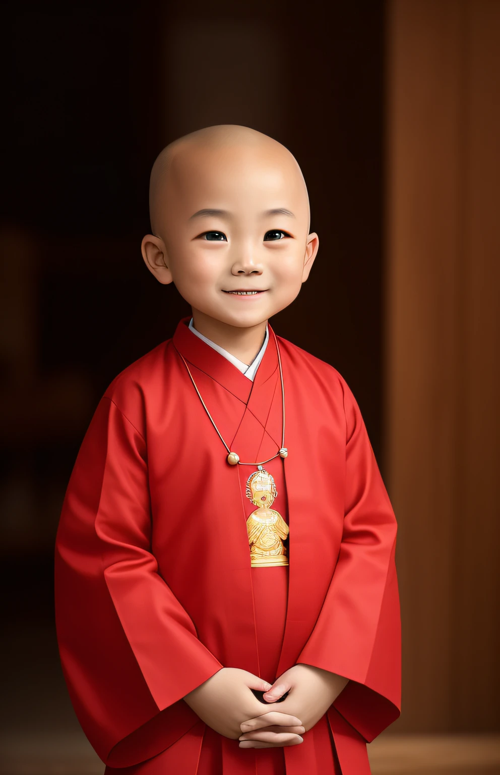 (masterpaintings), (need), (ultra fine), (s whole body:1.2), A three-year-old little monk,The round face has big eyes,His nose was slightly upturned,There is always a sweet smile on the mouth,It looks very cute。 The little monk wears a loose cassock,It is embroidered with a golden Buddha image and scriptures The little monk is bald,It seems particularly spiritual。 He did it there,Fold your hands,With a smile,As if silently praying。The whole person looks cute,People can't help but want to hug him。extreme wide angle, 8K, high-definition, extremely lifelike