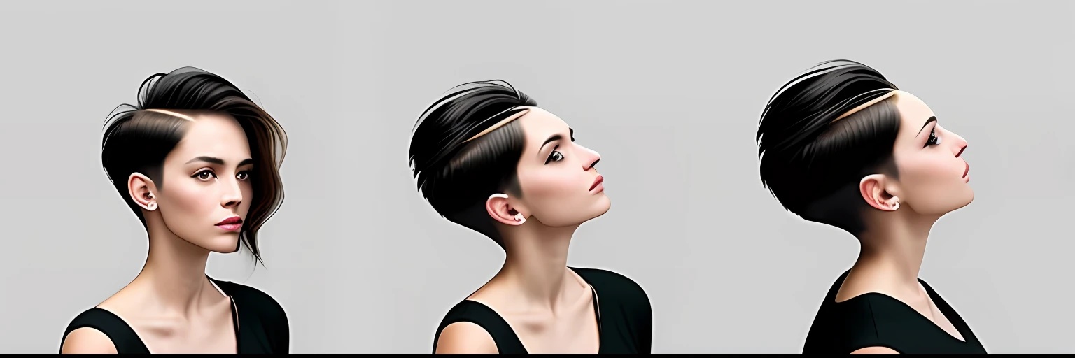 a close up of a woman with a short haircut and a black top, profile pose, Side profile, sportrait, elegant profile pose, side profile centered portrait, stylized portrait formal pose, head slightly tilted, side profile painted portrait, headshot half figure, side profile portrait, Side-centered portrait,