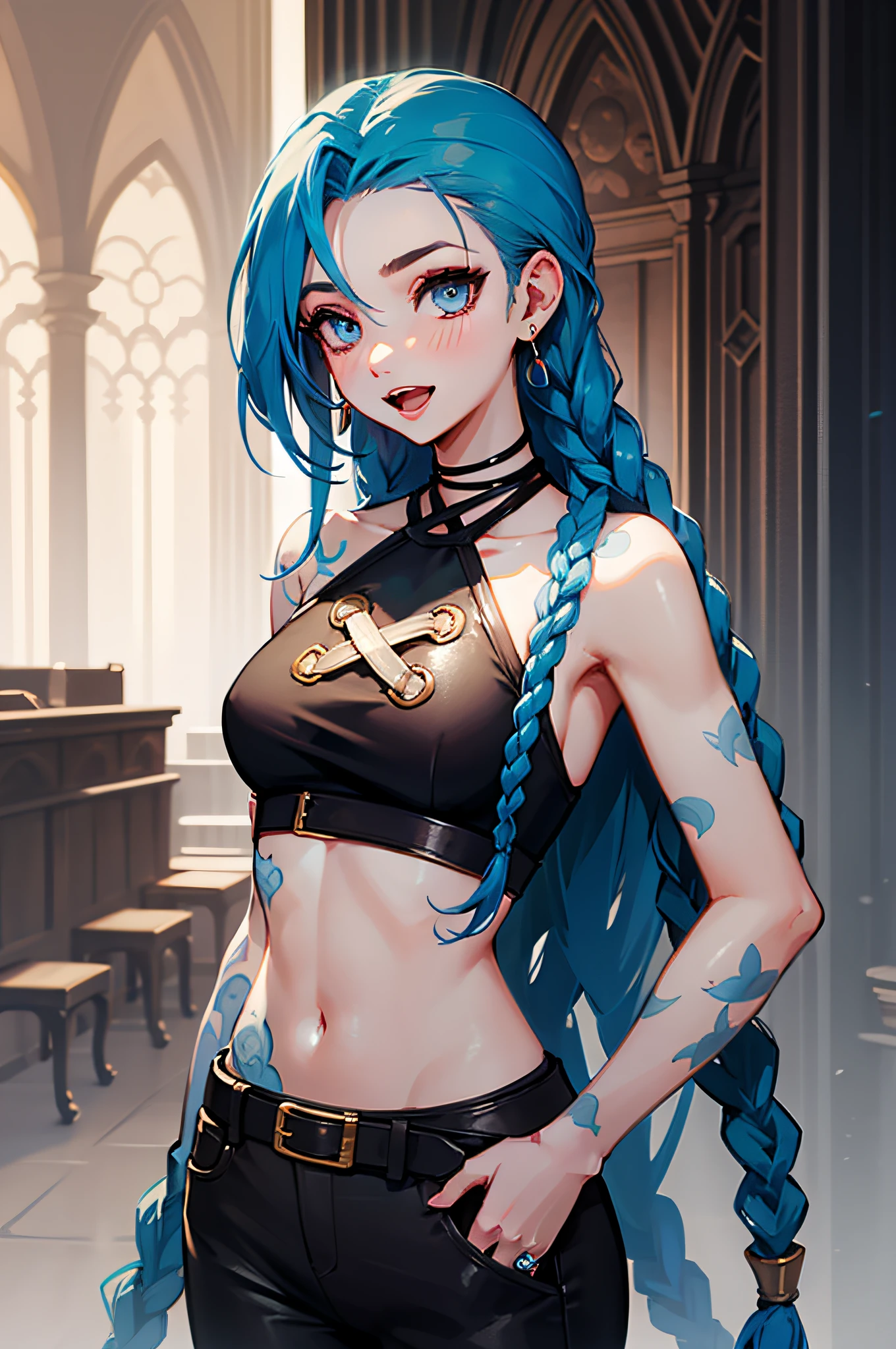 Jinx \(league of legend\), 1girl huge large breasts,Pixar style,（Cold：1.3）， solo, Braid, twin braid, Long hair, Surprised Eyes,tattoo, Piercing, a belt, jewelry, Earrings, (opens his eyes wide:0.9),lookatthe viewer, Arm tattoos, (Background of medieval castles:1.1), Blue hair, Blush, Smile, v arms, necklac, Crop top, Small breasts, Green hair, shoulder tattoo, teeth, Open mouth, alternate costume, midriff, Pants, Blue eyes,