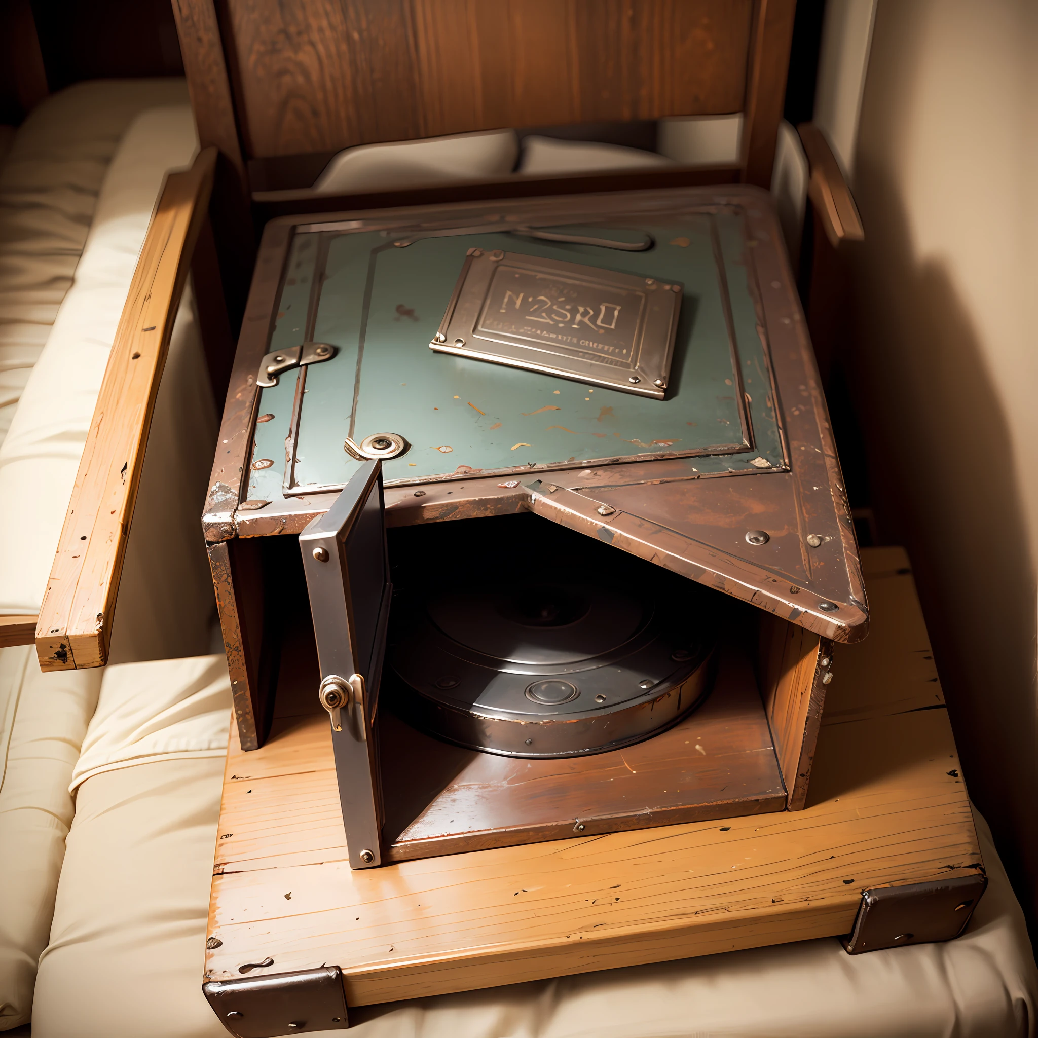 an old iron and steel box on top of an old bed --auto