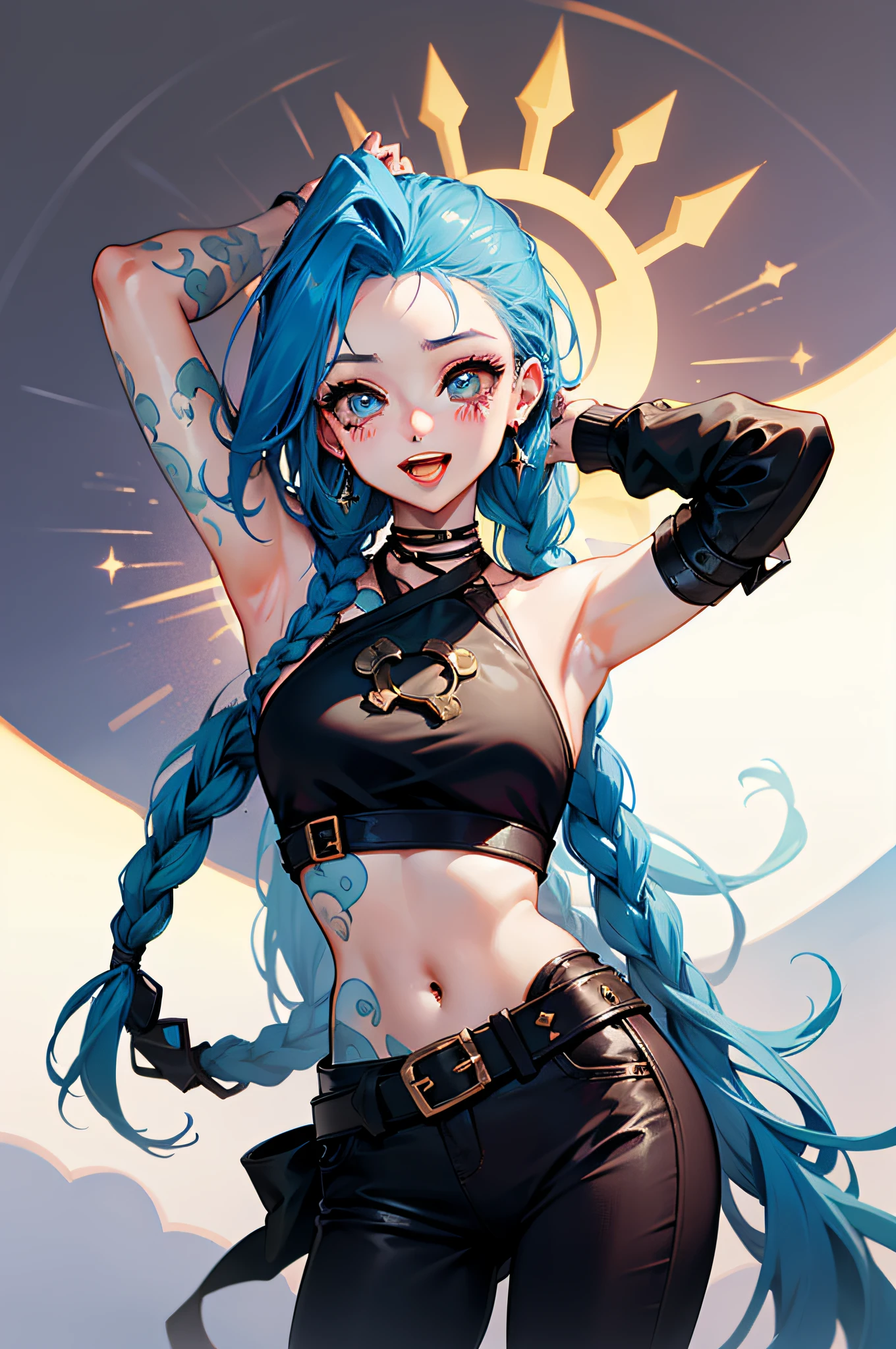 Jinx \(league of legend\), 1girl huge large breasts,Pixar style,(Cold:1.3), solo, Braid, twin braid, Long hair, Surprised Eyes,tattoo, Piercing, a belt, jewelry, Earrings, (opens his eyes wide:0.9),lookatthe viewer, Arm tattoos, (Background of medieval castles:1.1), Blue hair, Blush, Smile, v arms, necklac, Crop top, Small breasts, Green hair, shoulder tattoo, teeth, Open mouth, alternate costume, midriff, Pants, Blue eyes,