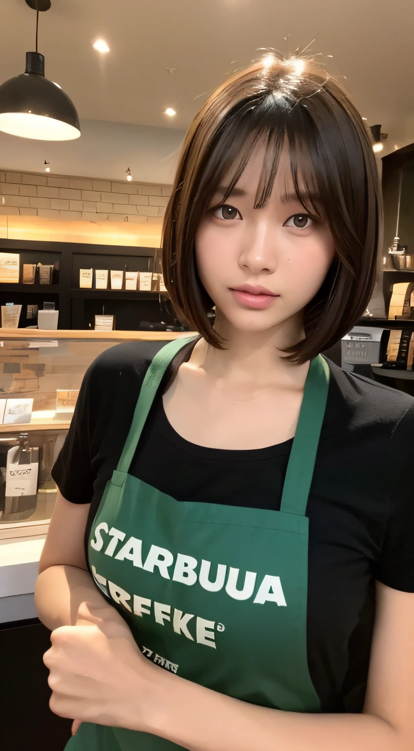 ((beste-Qualit、8K、шедевр:1.3))、sharp foc:1.2、A beautiful woman with perfect body:1.4、((Layered Haircut、small tits:1.2))、(Starbucks dark green apron)、(Inside the Starbucks store:1.2)、Black polo shirt under apron、Wet Body:1.1、Highly detailed facial and skin texture、 Detailed eye、双眼皮、sunburnt skin、A sexy、suntanned
