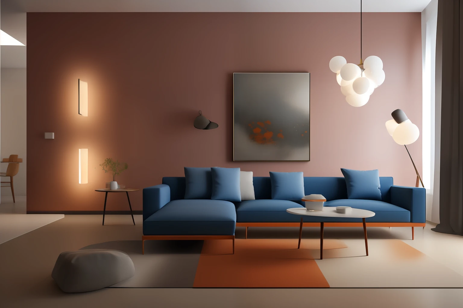 ((Best Quority,unreal engine 5 render,Cinematic lighting)),((masterpaintings)),(Realistis)),a sitting living room,Modern minimalist Nordic style,soft light rays,Pure picture,(Bright colors:1.2),symmetrical composition,Blue orange theme
