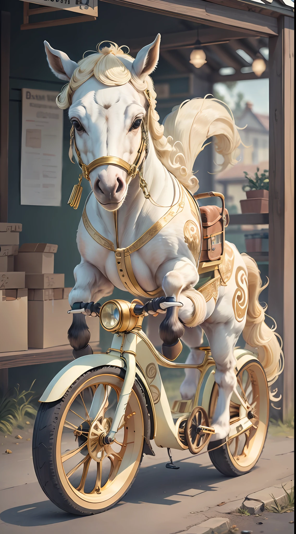 IvoryGoldAI，(Cute foal), (riding an electric bike)