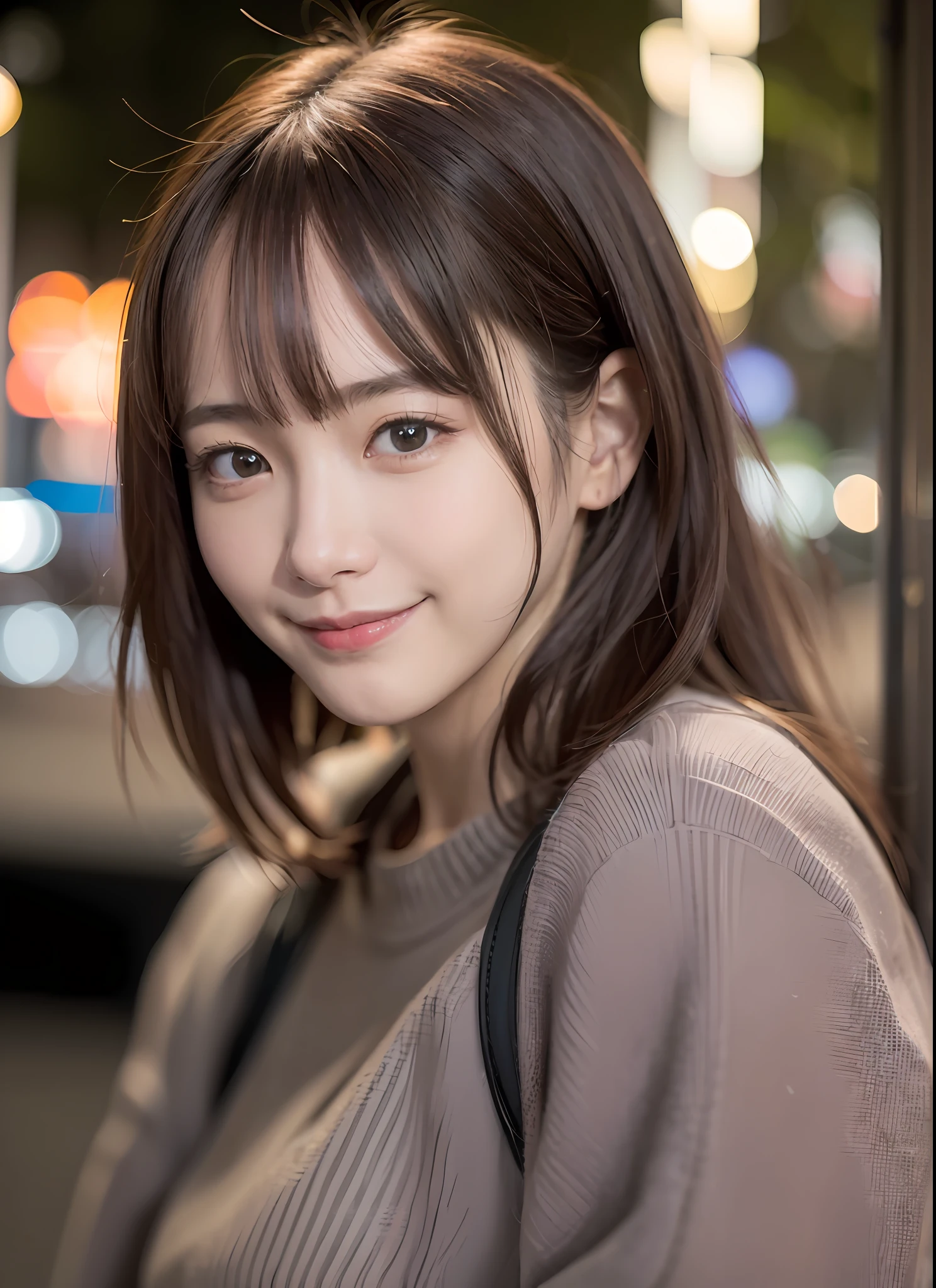 1girl, Tokyo street,night, cityscape,city lights,upper body,close-up,smile,, (8k, RAW photo, best quality, masterpiece:1.2),(realistic, photo-realistic:1.37),