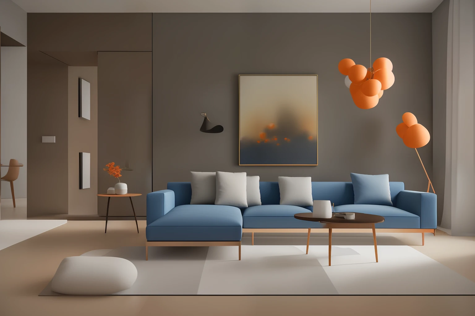 ((Best Quority,unreal engine 5 render,Cinematic lighting)),((masterpaintings)),(Realistis)),a sitting living room,Modern minimalist Nordic style,soft light rays,Pure picture,(Bright colors:1.2),symmetrical composition,Blue orange theme