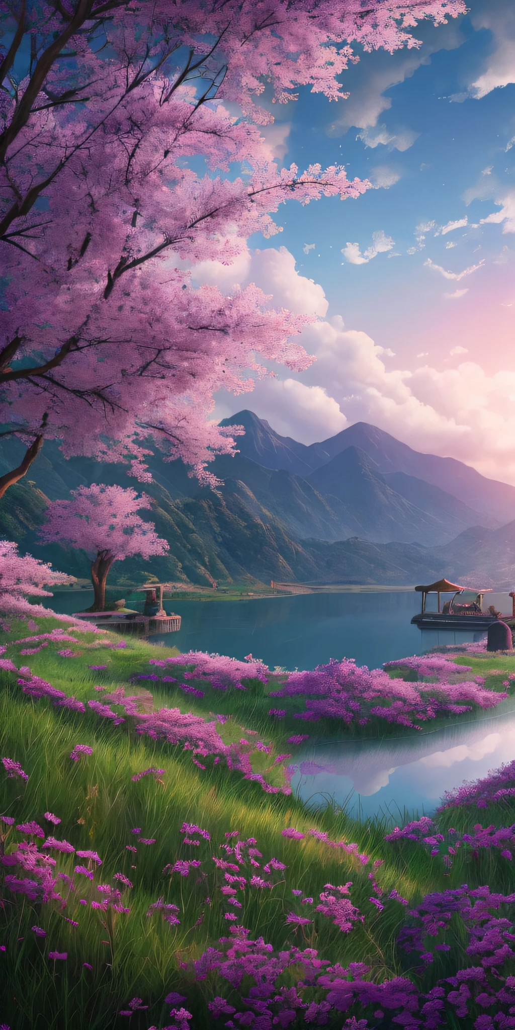 masterpaintings，the best quality，high qulity，extremely detailed CG Unity 8k wallpapers，scenecy，exteriors，without humans，mont，scenecy，Eau，The tree，Blue sky cliff，naturey，lakes，rios，Cloudy sky，award winning photography，Background bokeh，depth of ﬁeld，HDR，blooms，color difference，真实感，ighly detailed，Trends on Artstation，Trends on CGSociety，intricated，High Details，dramatics，midjourneyl art