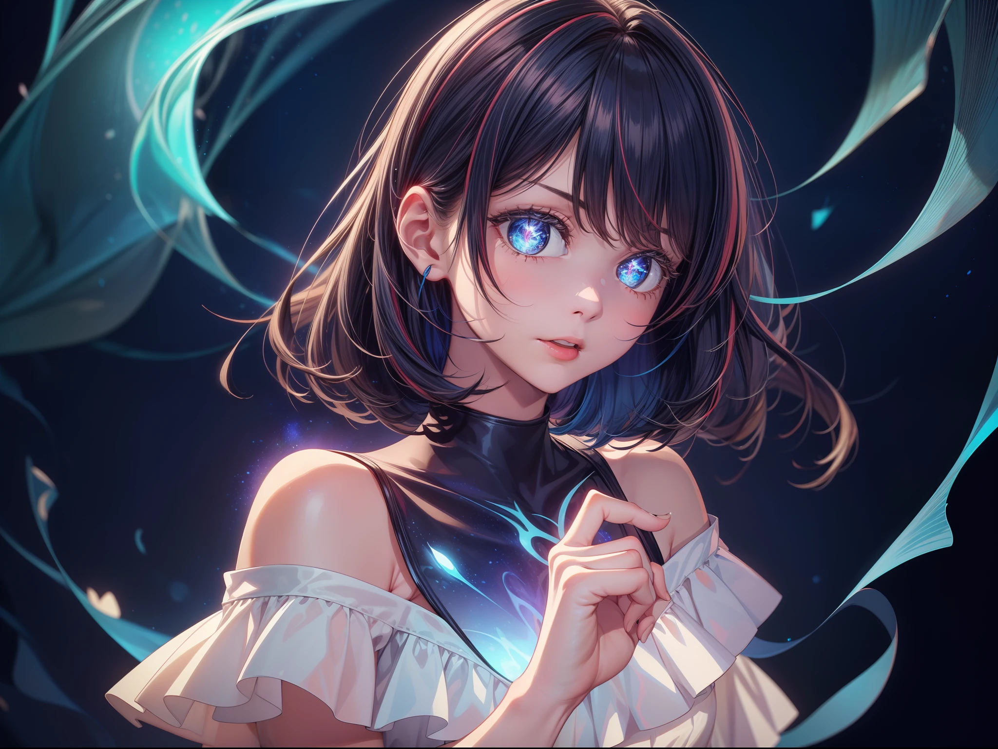 (шедевр)、the detail、in 8K、((Photo from the waist up))、((Blue glowing magic is emanating from the hand))、Girl in tight white base dress、short dark hair、Colorful inner hair、Realistic and sharp details、portrait shooting、Super Intricate Details、Ultra-fine details、Stay outside、