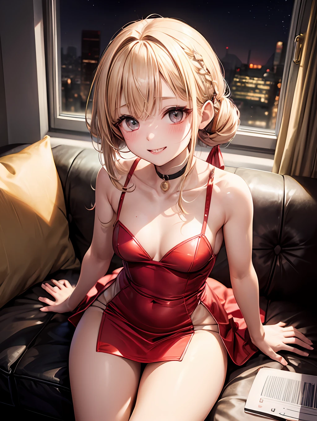 beste-Qualit、One girl、a blond、Longhaire、Red eyes、Pink blush color under the eyes:1.3、radiant eyes、light-skinned、a smile、Small face、Red dress:1.5、Dressing up to bite、Short skirt:1.4、巨乳、Emphasis on the chest:1.3、beauty legs、nights、Private、Sit on a leather sofa、View here、Angle from diagonally above、Background blur