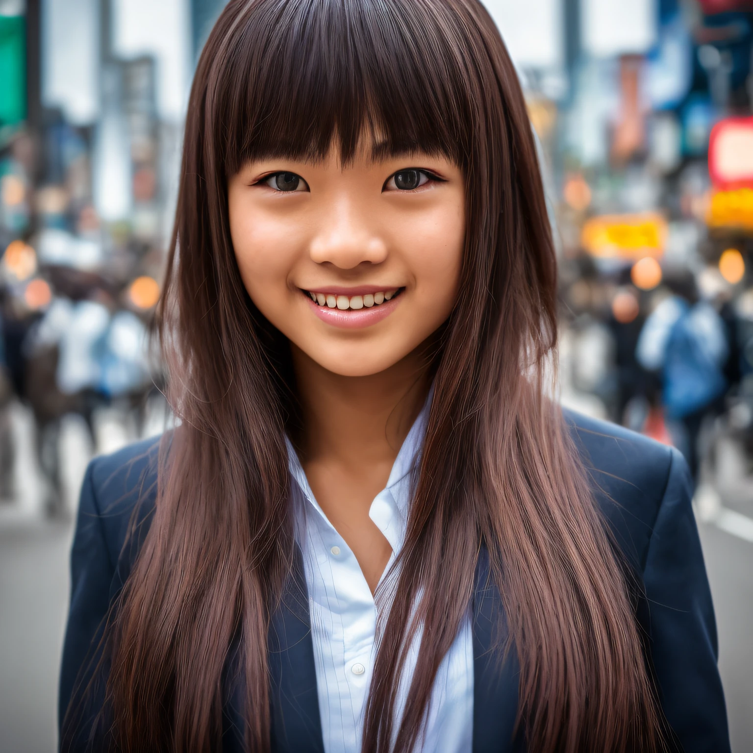 Ultra top quality, masterpiece, ultra high resolution, depth of field, depth of subject, (photorealistic: 1.4), (dramatic, award-winning photography, incredible masterpiece: 1.3), RAW photos, golden ratio, highly detailed CG Unity 8k wallpaper, detailed and complex, incredibly absurd, original, high resolution, raw photos, (perfect body shape), finely complex, DSLR, Soft Lighting, High Quality, Film Grain, Background Blur, Fujifilm XT3, 50mm Lens, Backlit, HDR, Hyperrealistic, Color Grade, Dynamic Pose, Portrait, Japan People, Smile, Lips, Bangs, (Crowded Akihabara: 1.2), Front View Viewer, Natural Light, Girl, 21 years old, Full Body, Solo, Student, High School, Uniform, Cute High School Girl, Japan school uniform, girl in uniform, bobby socks, skirt, daytime, on the street, deep shadow, cute, beauty, discreet, cold light 12000K\Street, store status, Akihabara, Shinjuku, Shibuya, Ikebukuro, detailed realistic, skin texture, super detailed, realistic skin texture --auto