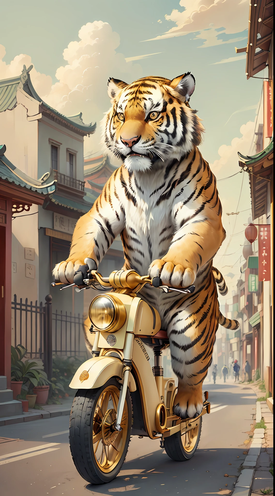 IvoryGoldAI，(Cute little tiger), (riding an electric bike)，Chinese ancient city