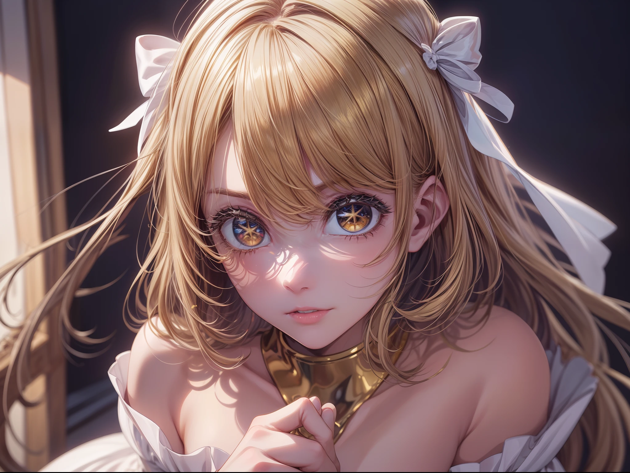 (шедевр)、the detail、in 8K、((Photo from the waist up))、((Golden magic is coming out of the hand))、Girl in tight white base dress、short dark hair、Colorful inner hair、Realistic and sharp details、portrait shooting、Super Intricate Details、Ultra-fine details、Stay outside、