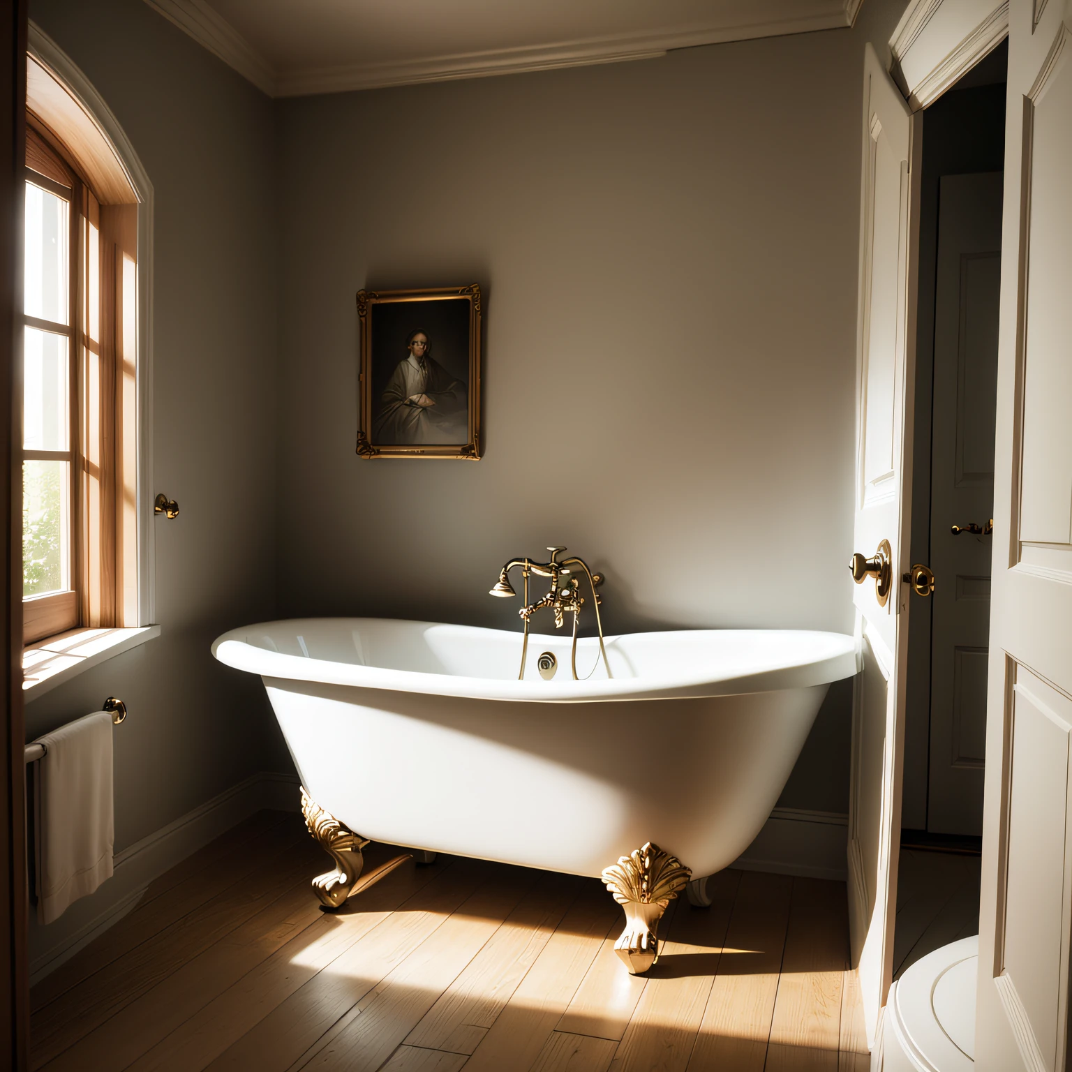 Bathroom scene with cow tattooed towels，Best Quority，Photographic pictures，Bathroom with sun，There was a bath，Cow tattooed towel，Cow pattern decoration，There is more ground，Overlooking --auto