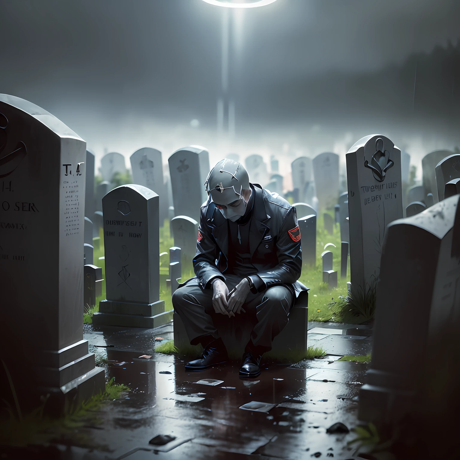 ((burial site:1.4+tombstones:1.3)|(rainy evening:1.2)),(man:1.3&grieves:1.3&Sit Pose),(Immersive:1.4),(tranquil:1.3&Grey:1.3),(Blur halo:1.3),(Low saturation:0.7)。 --auto