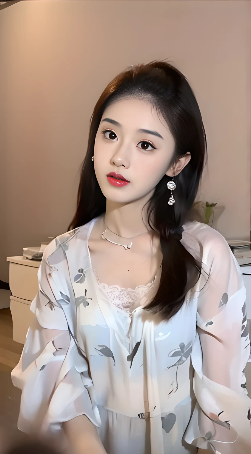 A close-up woman in a chiffon dress,Pout,Lace lingerie close-up,V-neck shirt, HD face,High nose bridge,Cherry red lips,Jet black eyebrows,双眼皮,White teeth,Middle Metaverse, Chinese girl, xintong chen, young cute wan asian face, li zixin, gorgeous chinese models, Yoshitomo Nara, cute delicate face, shaxi, Ruan cute vtuber, chengyou liu,high definition detail,8K
