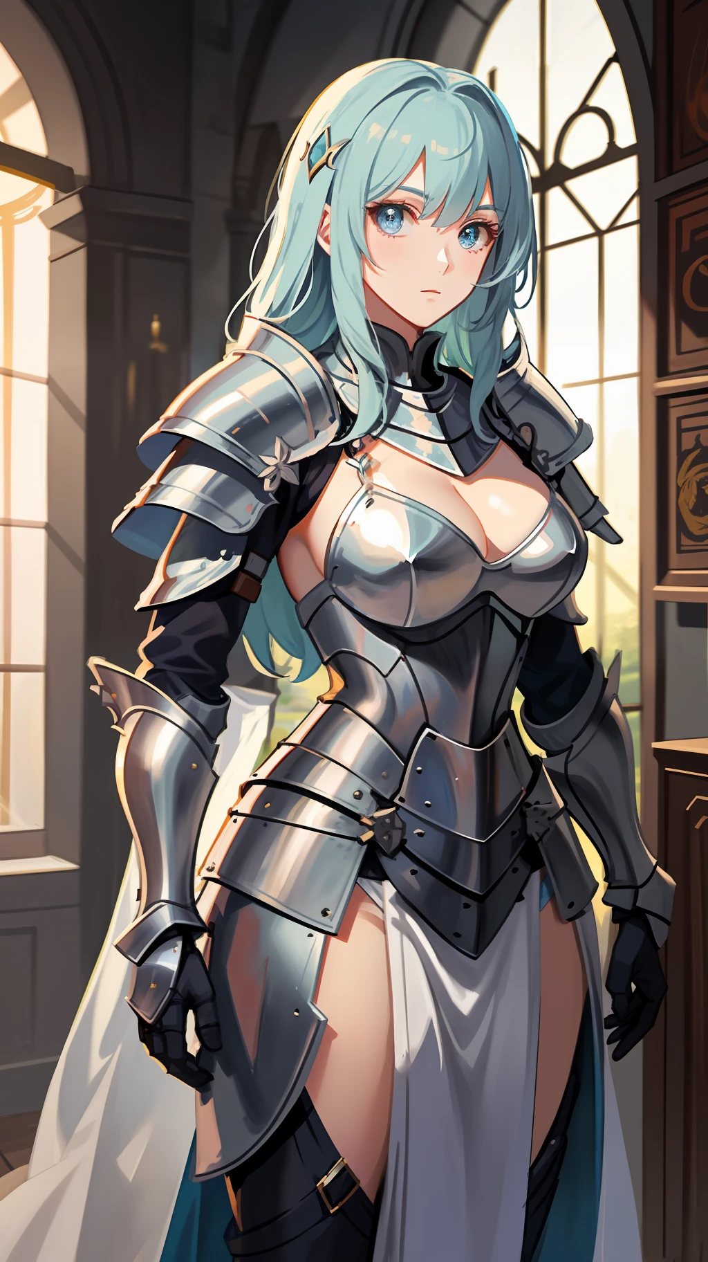 arafed woman in armor posing in a room with a window, armor girl, stunning armor, Beautiful armor, of a beautiful female knight, bikini armor female knight, Dressed in armor, girl in knight armor, Gorgeous Female Paladin, beautiful female knight, fully clothed in armor, Wearing armor!!, thick armor, wearing fantasy armor, female armor