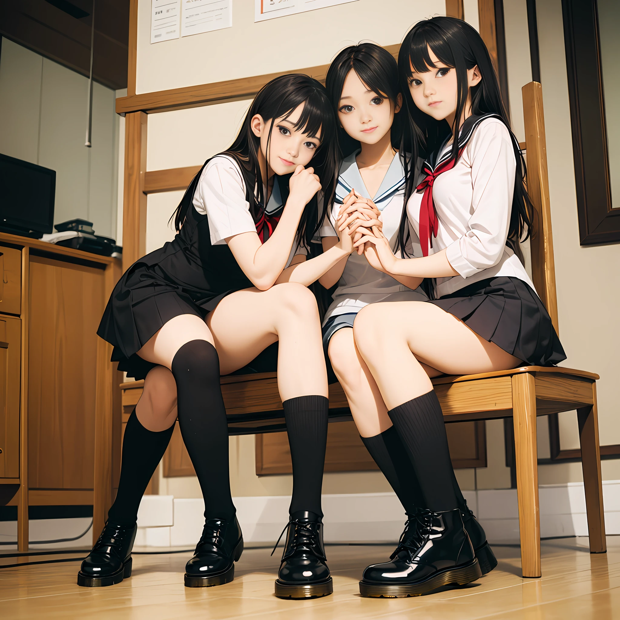 Dr. Martens' 8-hole boots、Japanese high school girls、sailoruniform、Black High Socks、Sit on a chair and cross your legs、Joining hands、Show the sole of the boot、Proud appearance、