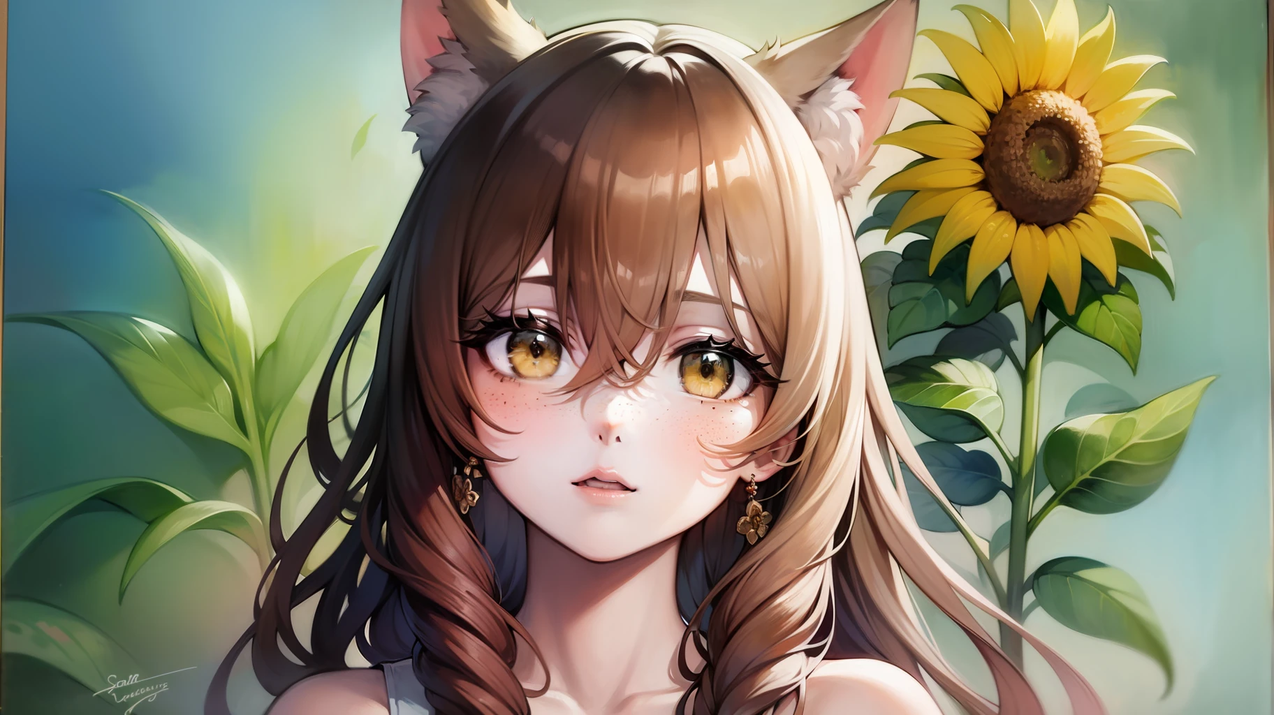 (watercolor:1.2),1girl, solo, flower, sunflower,freckles, portrait, leaf, bangs, signature, yellow flower, brown hair, long hair, green eyes, hair between eyes, flower earrings, cat girl, white cat ears and tail